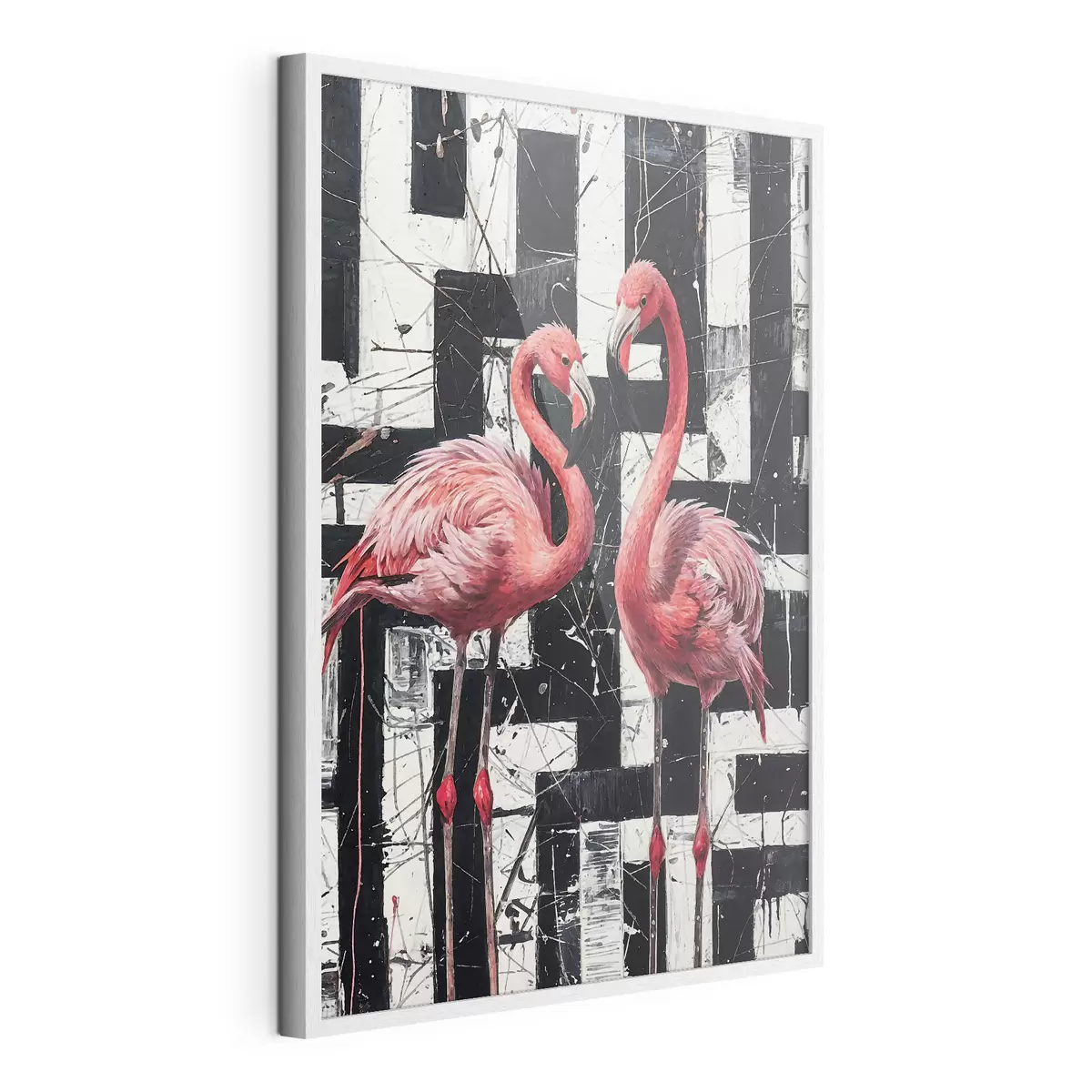 Poster Zwei rosa Flamingos stehen vor einem schwarz-weißen abstrakten Hintergrund Kunstgemälde f38954