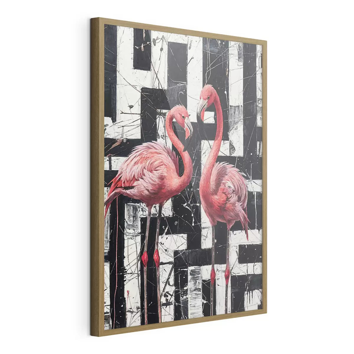 Poster Zwei rosa Flamingos stehen vor einem schwarz-weißen abstrakten Hintergrund Kunstgemälde f38954