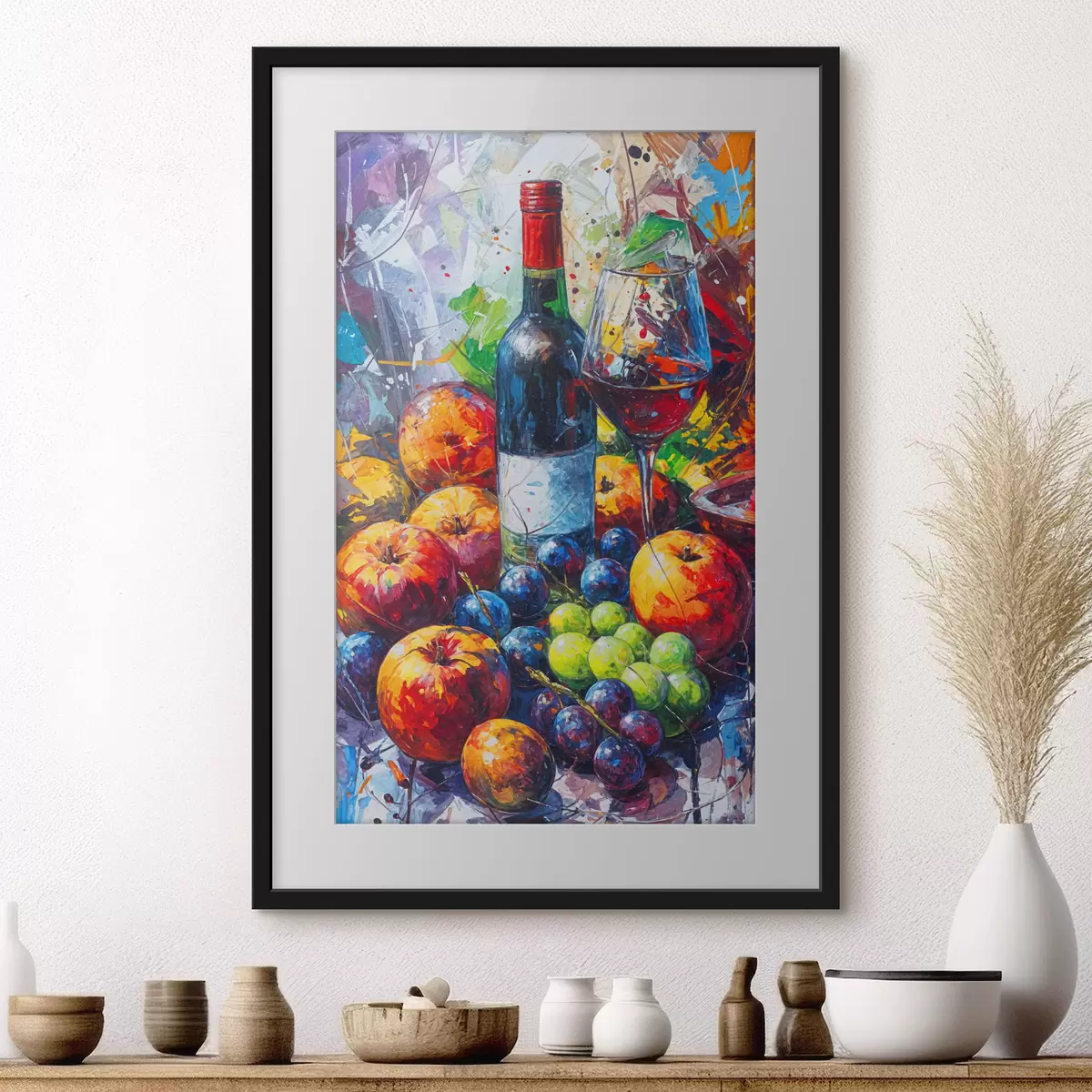 Poster Abstraktes Stillleben mit einer Flasche Wein, einem Glas Wein und bunten Früchten mit Spritzern in verschiedenen Farben f38958