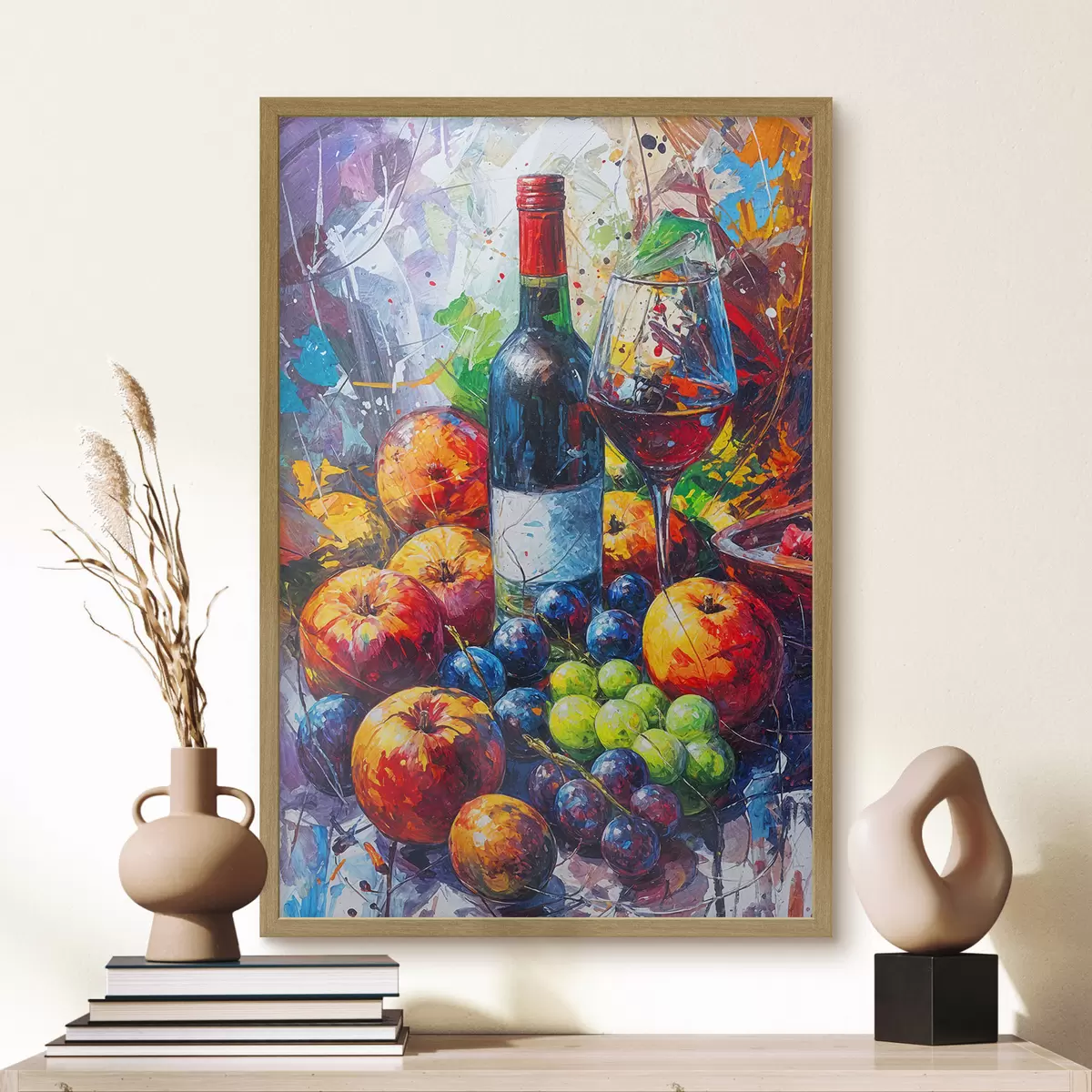 Poster Abstraktes Stillleben mit einer Flasche Wein, einem Glas Wein und bunten Früchten mit Spritzern in verschiedenen Farben f38958