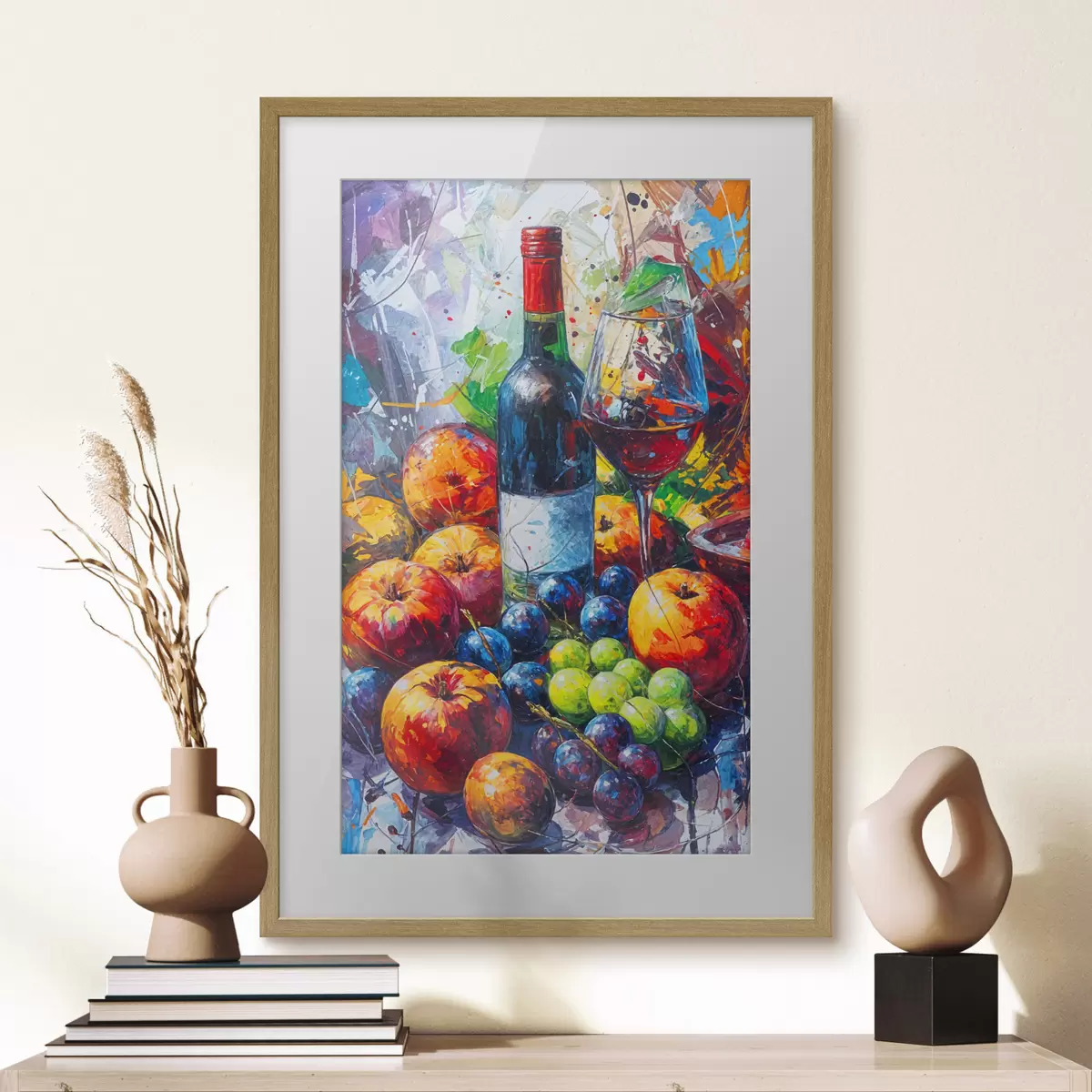 Poster Abstraktes Stillleben mit einer Flasche Wein, einem Glas Wein und bunten Früchten mit Spritzern in verschiedenen Farben f38958