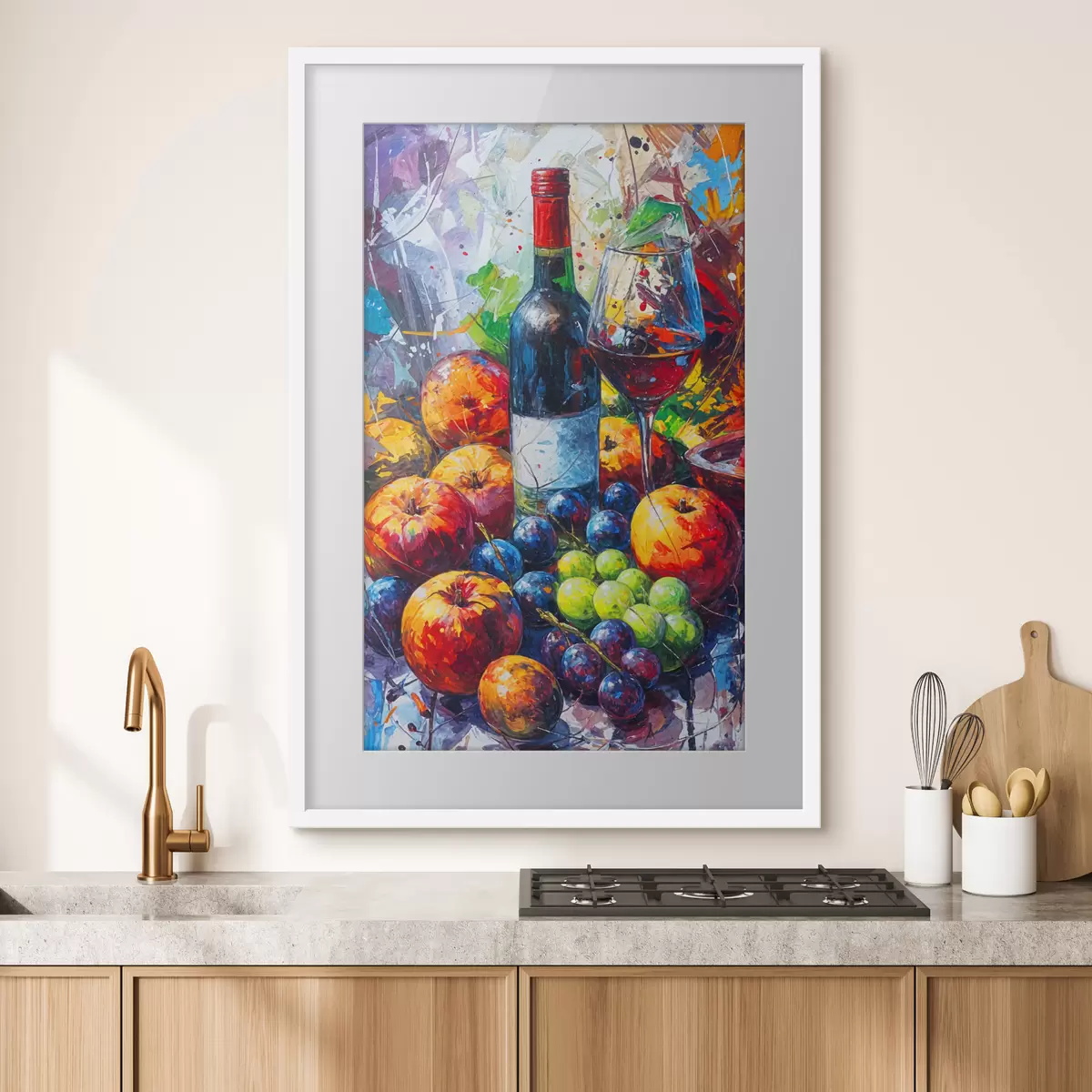 Poster Abstraktes Stillleben mit einer Flasche Wein, einem Glas Wein und bunten Früchten mit Spritzern in verschiedenen Farben f38958