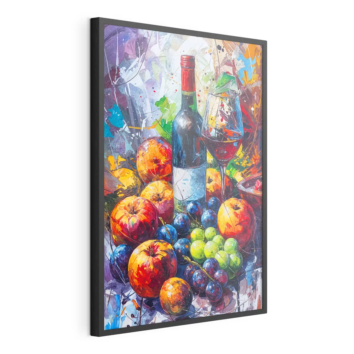 Poster Abstraktes Stillleben mit einer Flasche Wein, einem Glas Wein und bunten Früchten mit Spritzern in verschiedenen Farben f38958