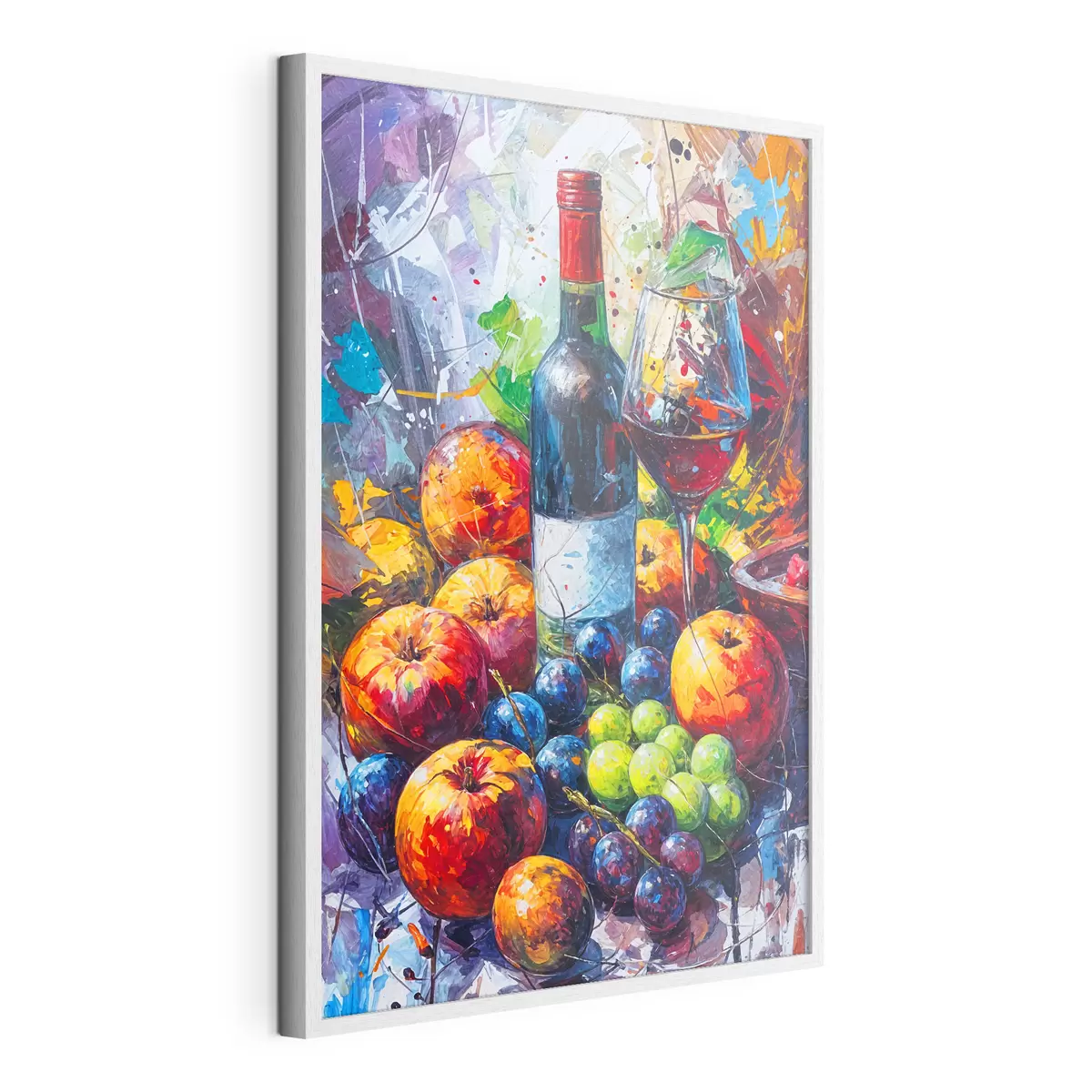 Poster Abstraktes Stillleben mit einer Flasche Wein, einem Glas Wein und bunten Früchten mit Spritzern in verschiedenen Farben f38958