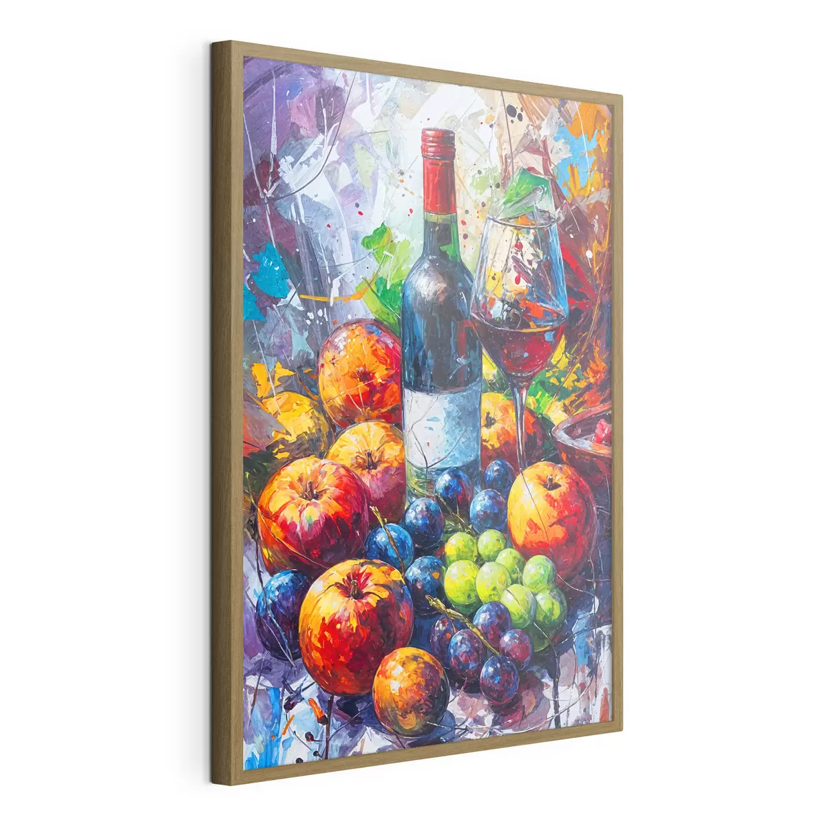 Poster Abstraktes Stillleben mit einer Flasche Wein, einem Glas Wein und bunten Früchten mit Spritzern in verschiedenen Farben f38958
