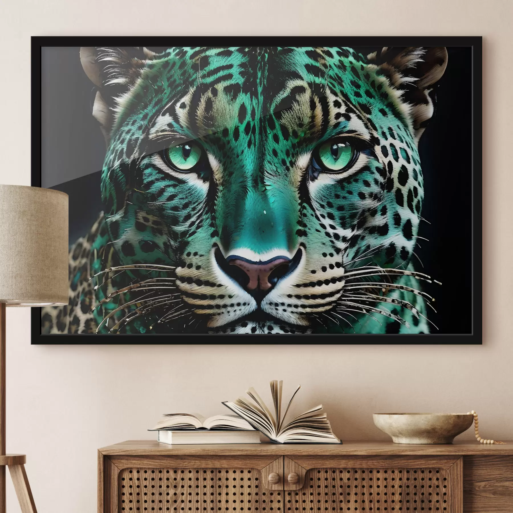 Fototapete Ein Nahaufnahmeporträt eines wilden Leoparden mit grünen Augen und leuchtend türkisfarbenem und schwarz geflecktem Fell f38979
