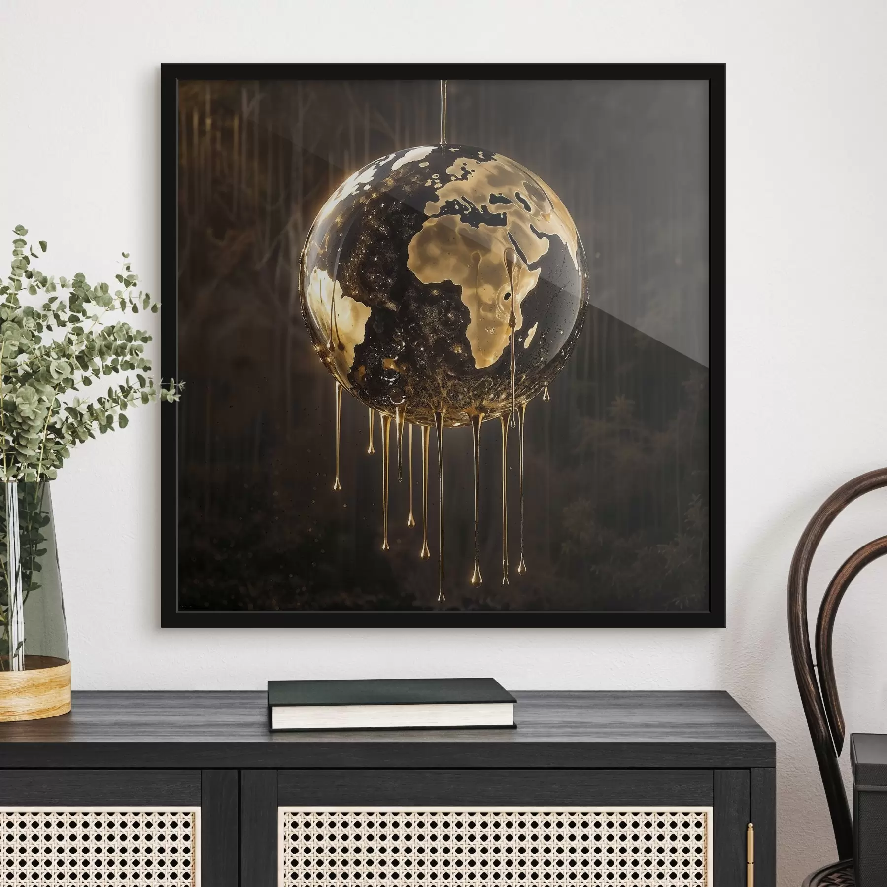 Fototapete Eine glühende Kugel, die die Erde inmitten einer tropfenden Flüssigkeit auf einem dunklen Hintergrund darstellt f38983