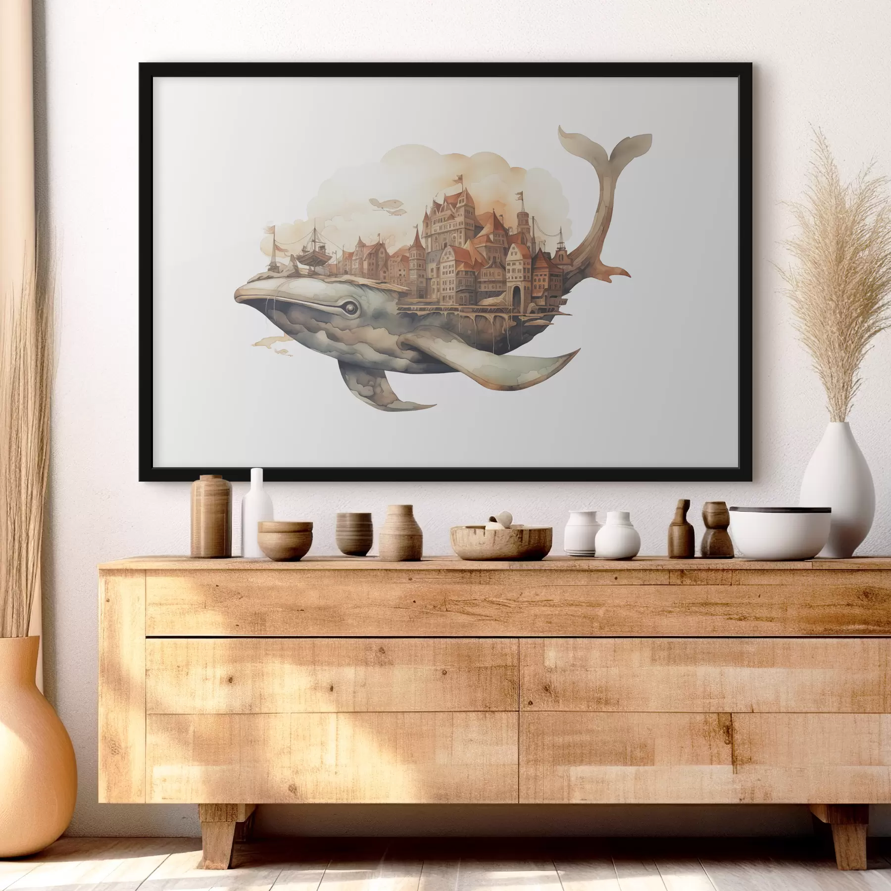 Fototapete Vintage Cyberpunk-Stadt auf der Rückseite eines braunen Wal-Aquarells f39022