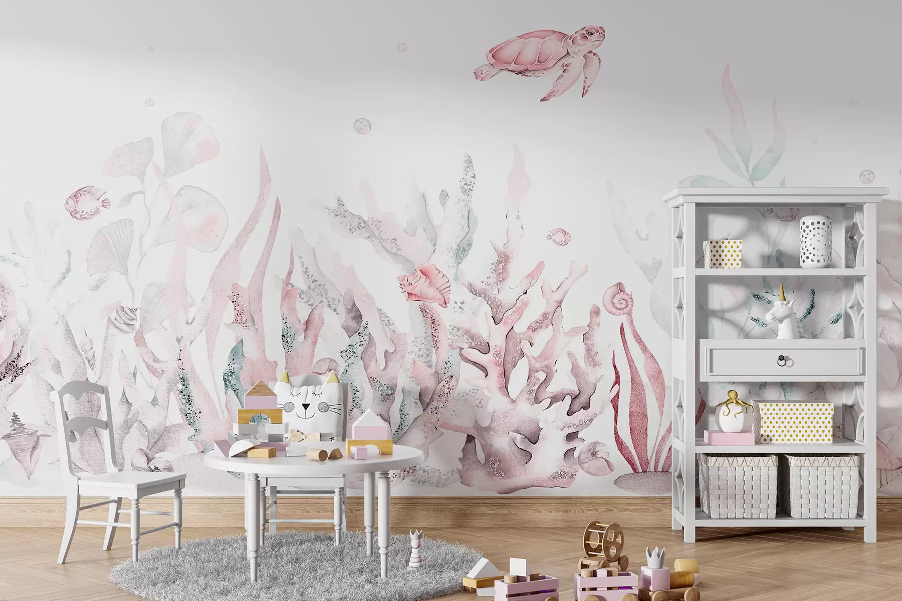 Fototapete Aquarell Meereskorallen, Muscheln, Schildkröten, Meereslebewesen, zartrosa Farben w00849v2