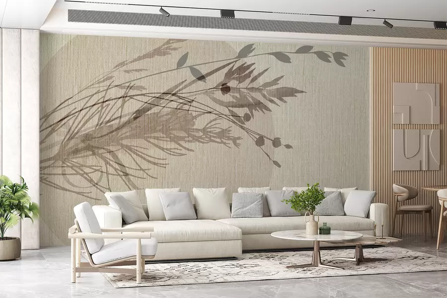 Fototapete Eine minimalistische Darstellung einer kreisförmigen Form mit abstrakten pflanzenähnlichen Elementen in gedämpften Erdtönen w00902