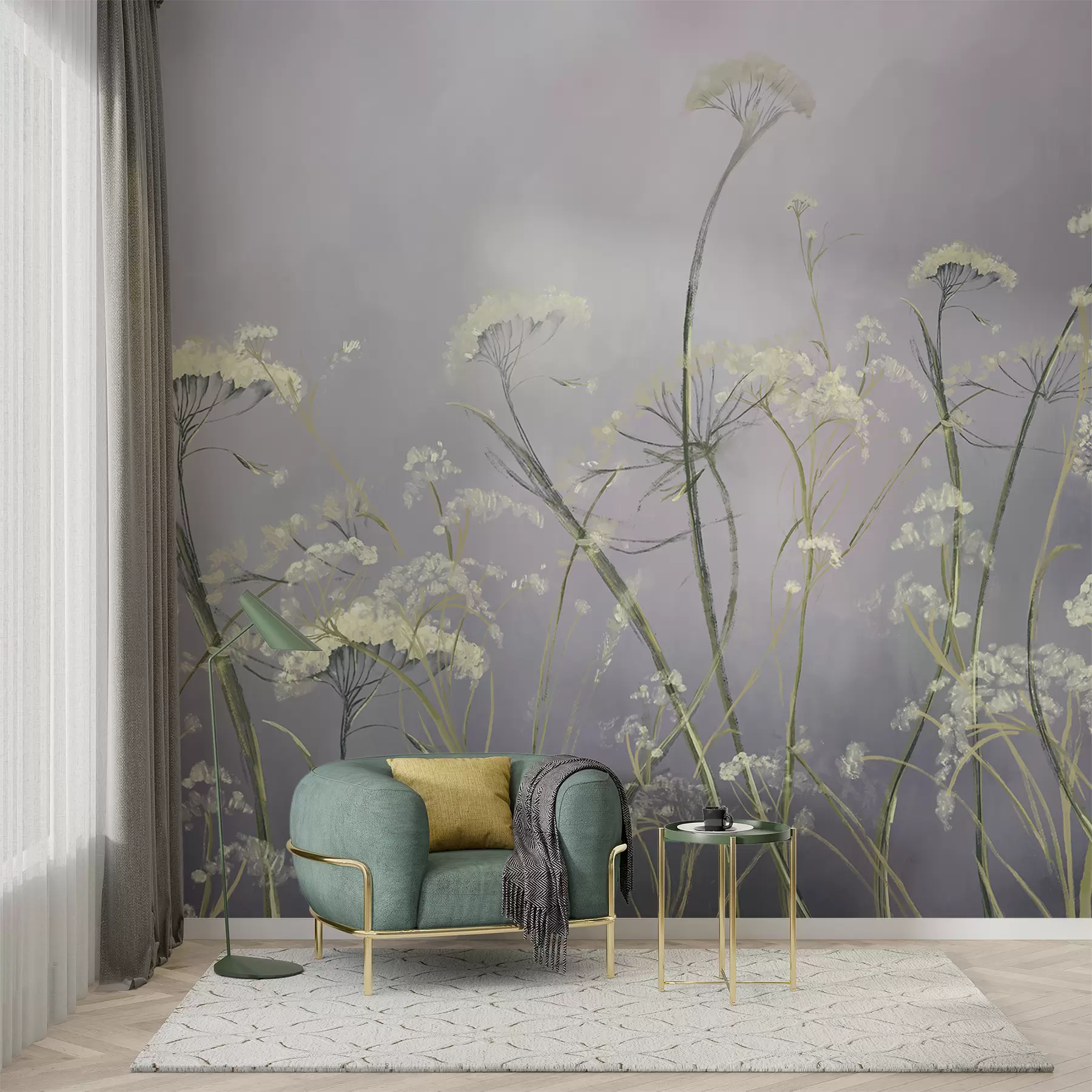 Fototapete Weiße Wildblumen in einem nebligen Feld mit weichem, verschwommenem grauem Hintergrund w00903