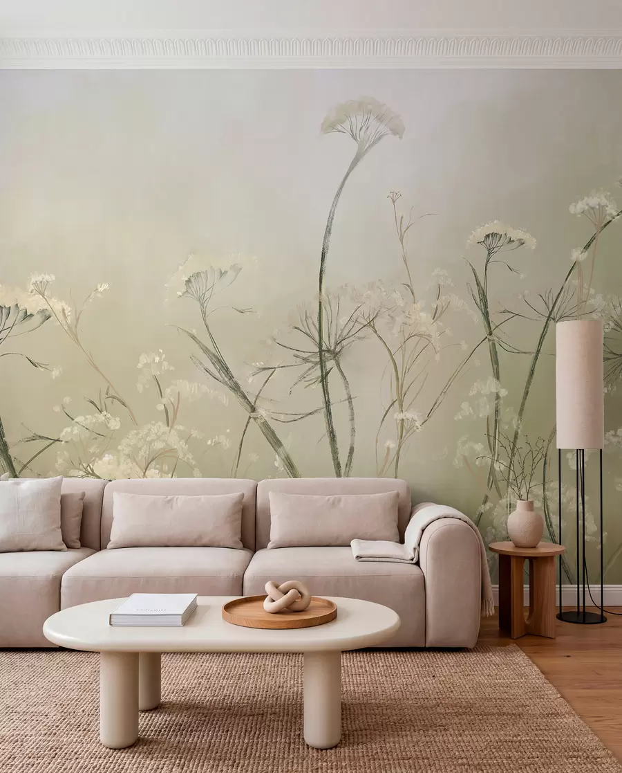 Fototapete Weiße Wildblumen in einem nebligen Feld mit weichem, unscharfem Sepia-Hintergrund w00903v1