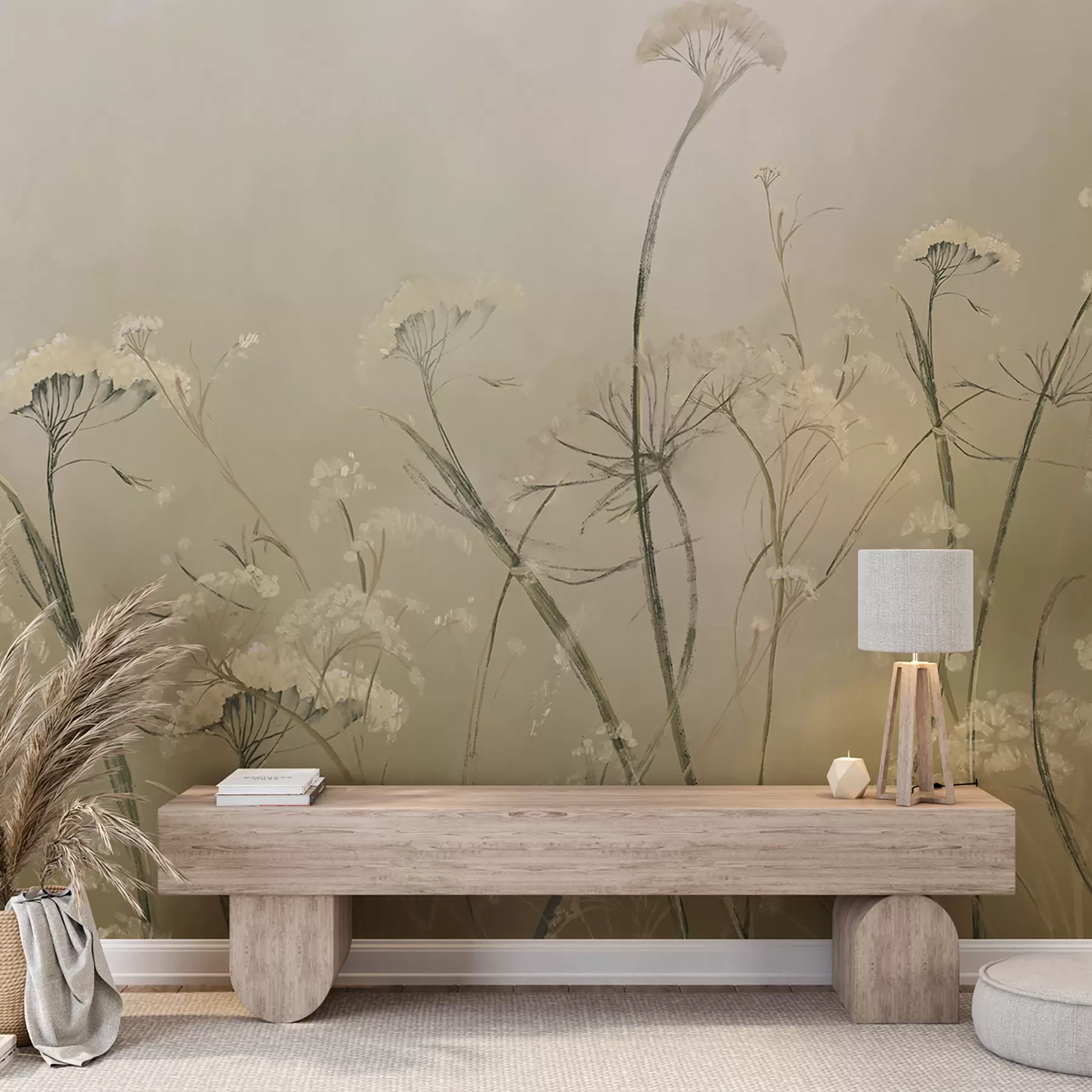 Fototapete Weiße Wildblumen in einem nebligen Feld mit weichem, unscharfem Sepia-Hintergrund w00903v1