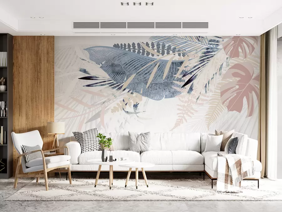 Fototapete Modernes botanisches Design mit tropischem Palmblattmuster in verschiedenen Blau-, Grau- und Rosatönen w00908