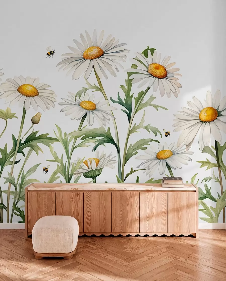 Fototapete Weiße Gänseblümchen blühen, Bienen fliegen Aquarell Pflanze Illustration, grün, weiß, gelb Farbe w01176