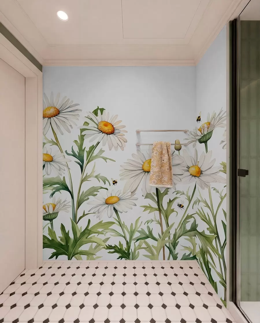 Fototapete Weiße Gänseblümchen blühen, Bienen fliegen Aquarell Pflanze Illustration, grün, weiß, gelb Farbe w01176