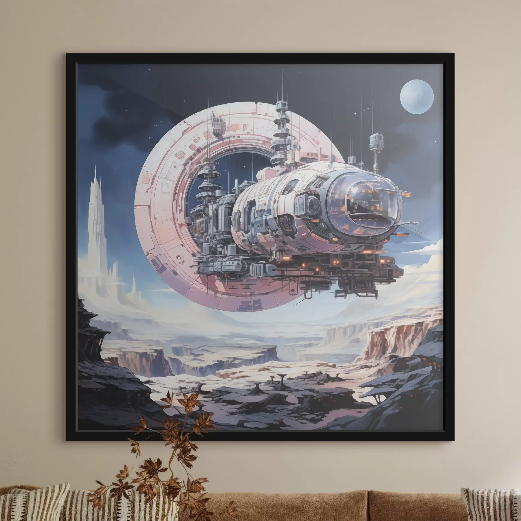 Fototapete Cyberpunk-Stil Raumschiff fliegt im Raum über Asteroiden und Planeten, blau, beige, rosa, weiße Farbe f39115