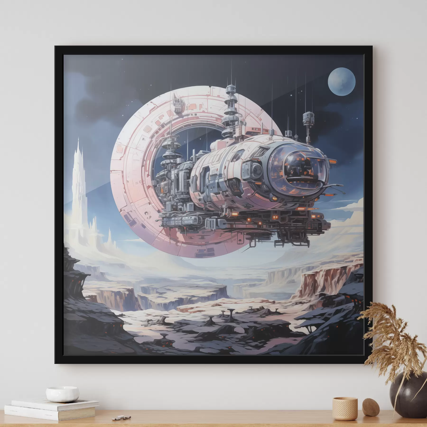 Fototapete Cyberpunk-Stil Raumschiff fliegt im Raum über Asteroiden und Planeten, blau, beige, rosa, weiße Farbe f39115