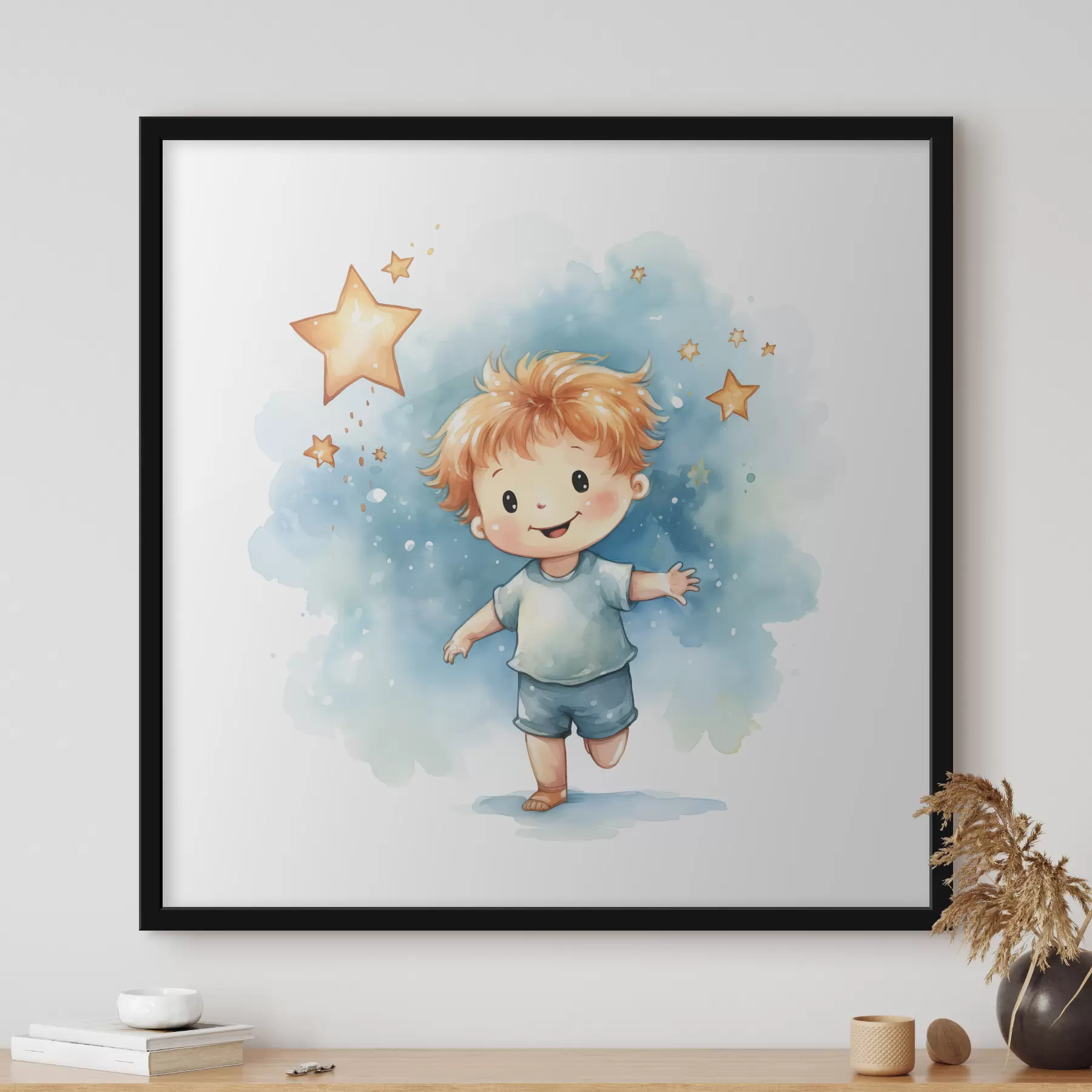 Fototapete Ein Junge mit roten Haaren in einem blauen Anzug läuft nach den Sternen, Aquarell-Illustration für Kinder f39118