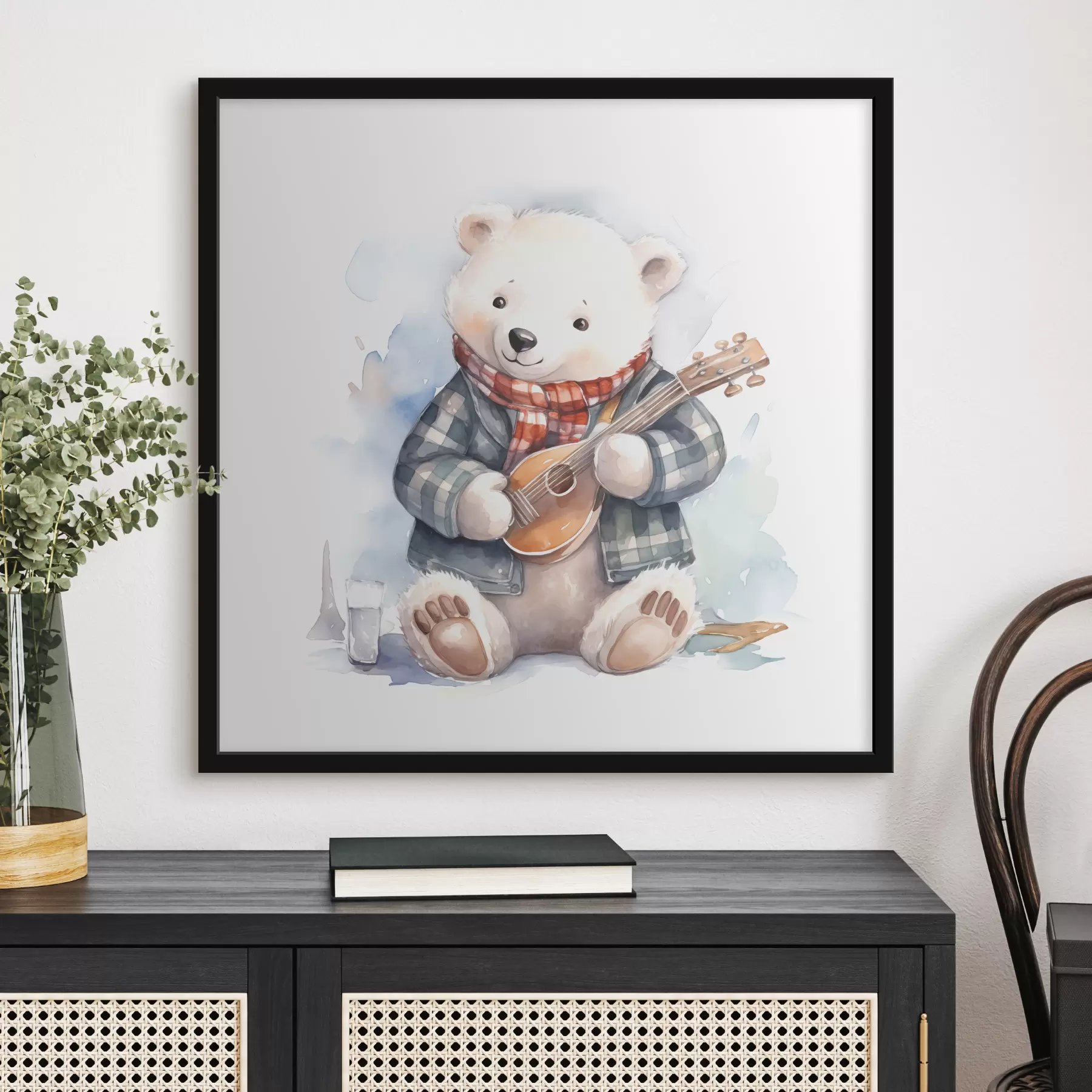 Fototapete Eisbär Musiker in einem blau-karierten Anzug und rotem Schal spielt die Gitarre Aquarell Illustration für Kinder f39120