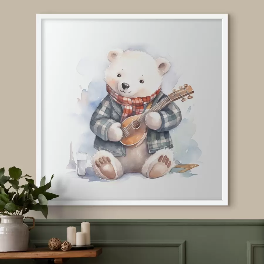 Fototapete Eisbär Musiker in einem blau-karierten Anzug und rotem Schal spielt die Gitarre Aquarell Illustration für Kinder f39120