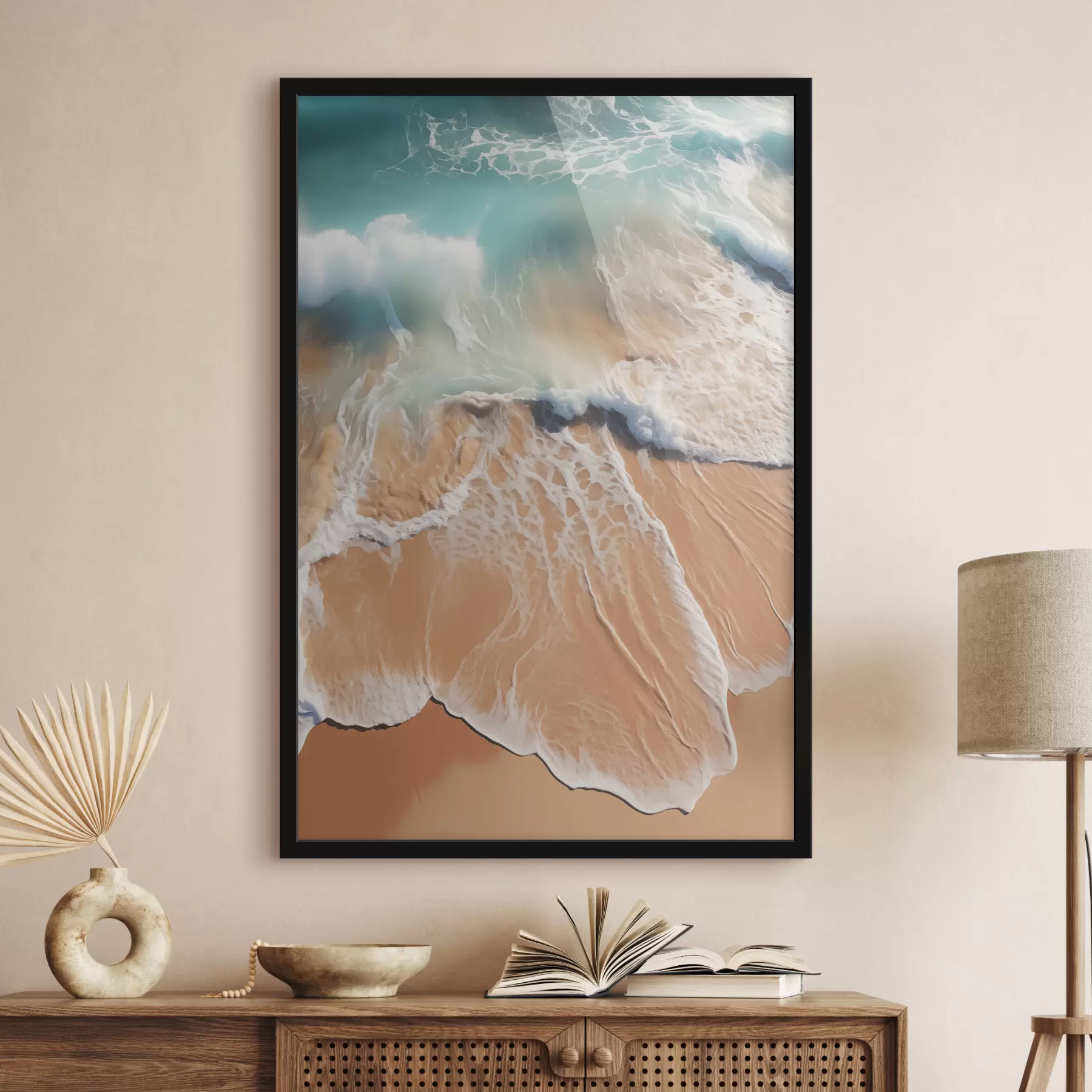 Fototapete Schaumige Meereswelle verbindet sich mit Sandstrand, blau, weiß und orange, beige Farbe f39121