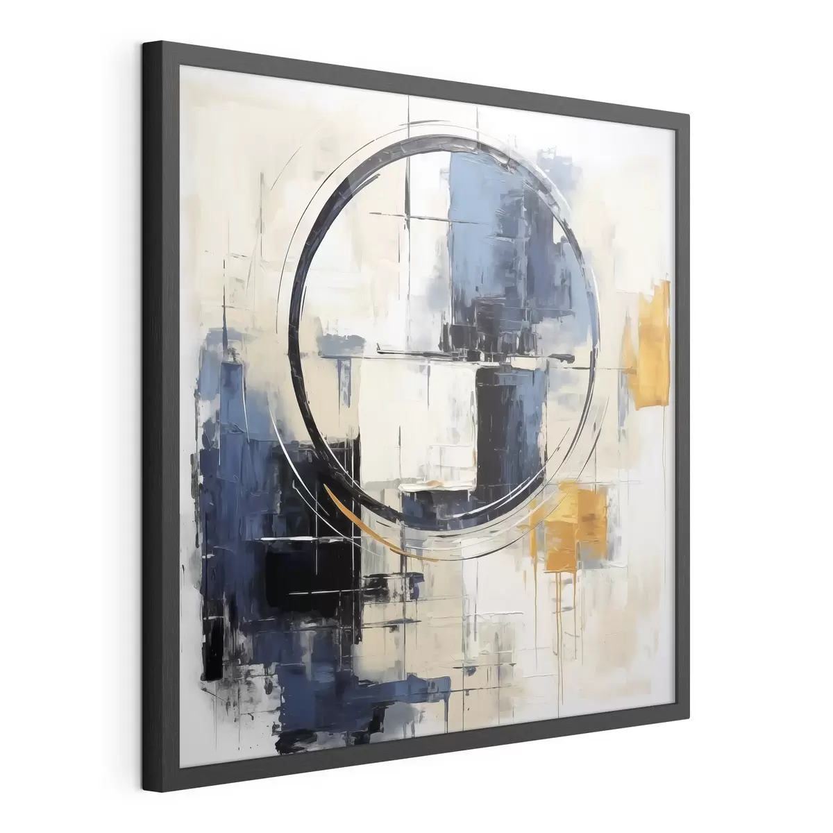 Poster Abstrakter Kubismus, blaue, orange, weiße Striche, kreisförmige Figur f39179