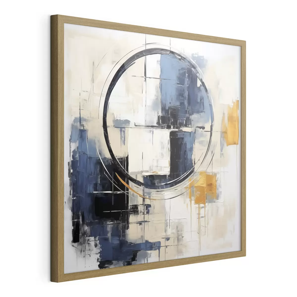Poster Abstrakter Kubismus, blaue, orange, weiße Striche, kreisförmige Figur f39179