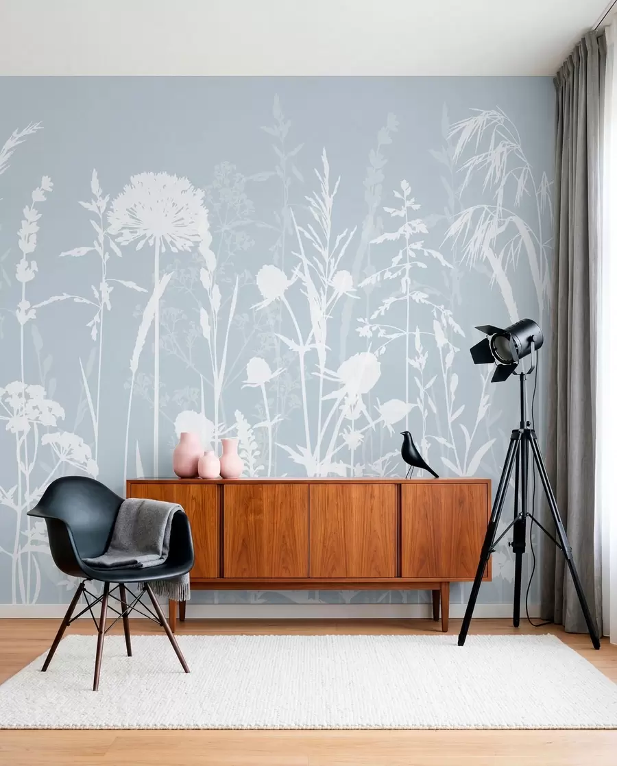 Fototapete Sanfte Feldpflanzen und Blumen Minimalismus graue Farbe w01270v4