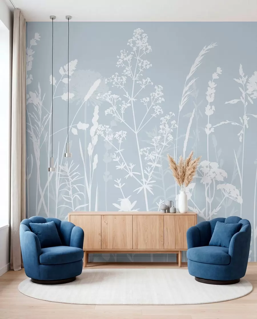 Fototapete Sanfte Feldpflanzen und Blumen Minimalismus graue Farbe w01270v4