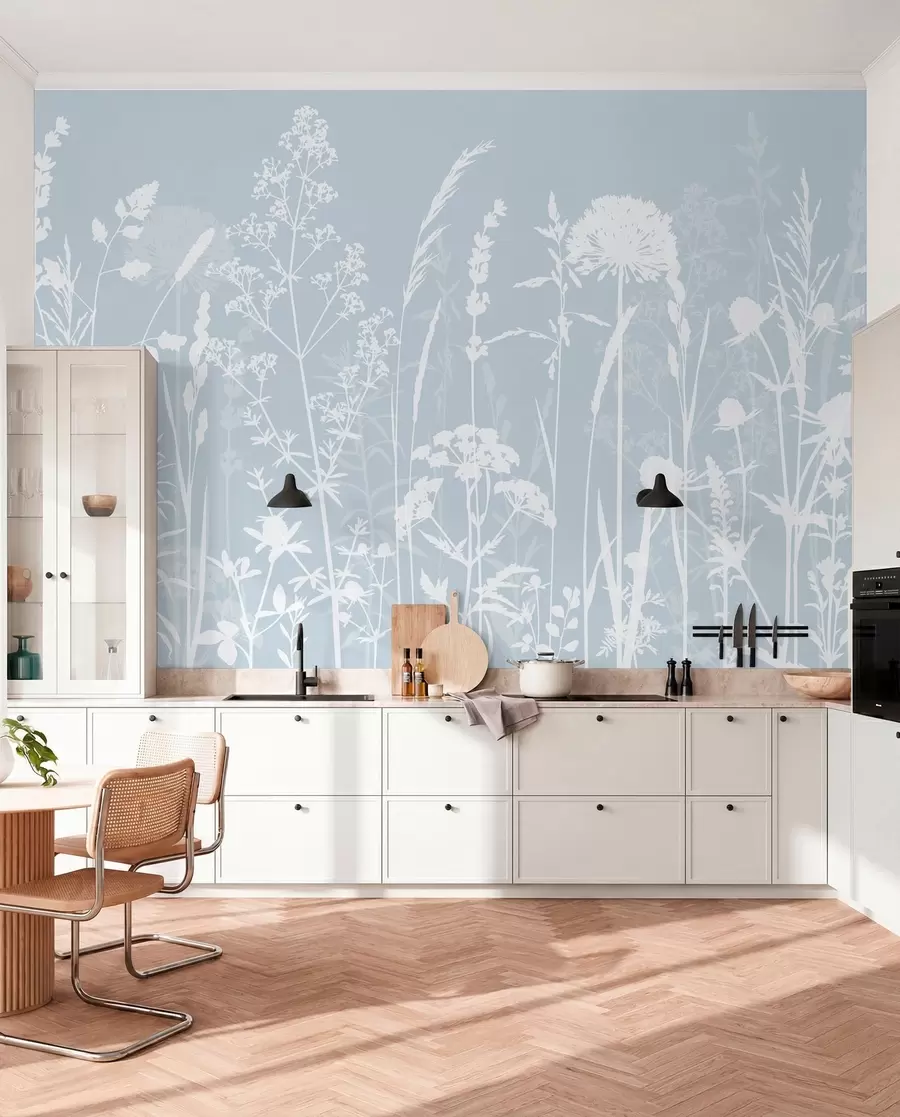 Fototapete Sanfte Feldpflanzen und Blumen Minimalismus graue Farbe w01270v4
