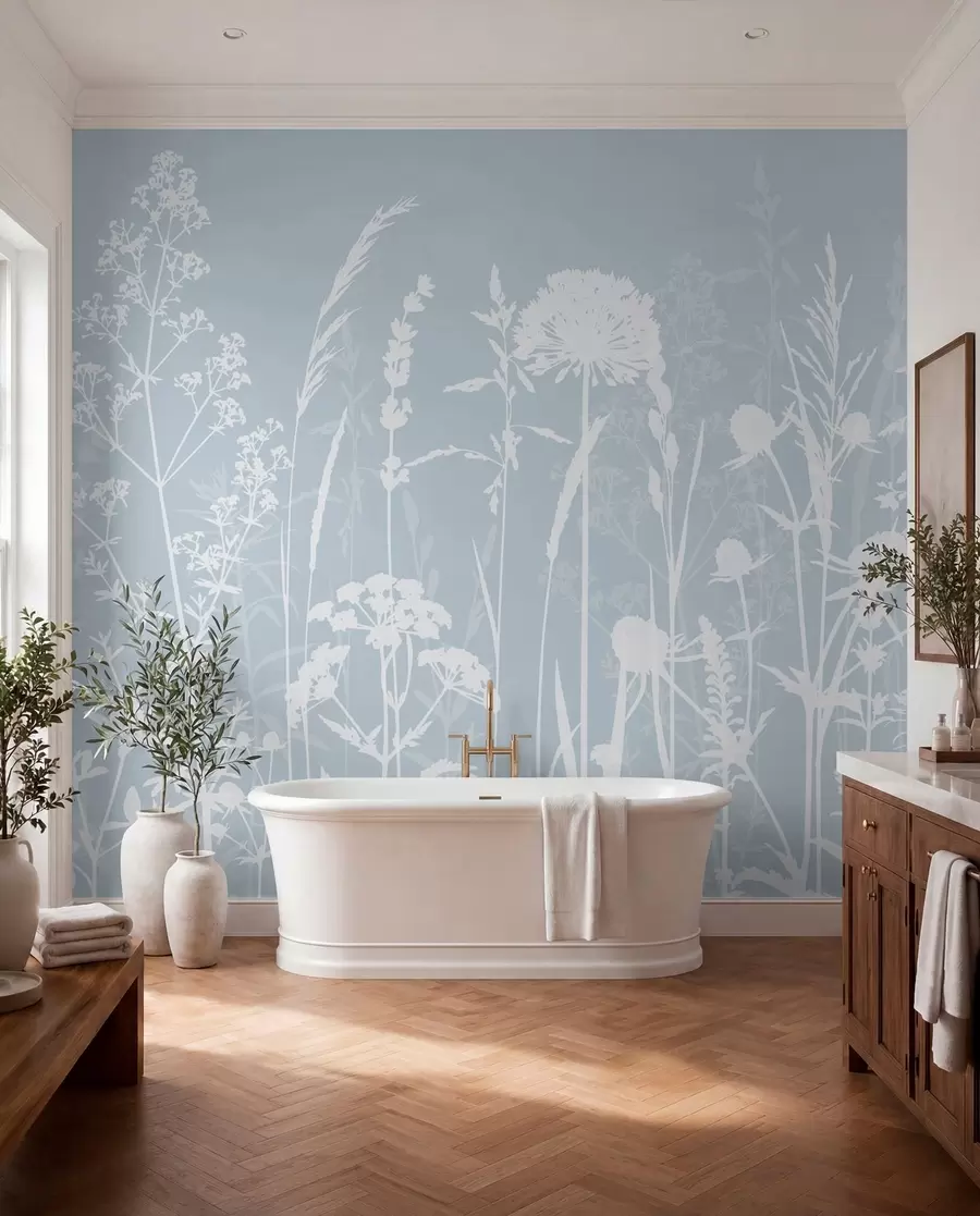 Fototapete Sanfte Feldpflanzen und Blumen Minimalismus graue Farbe w01270v4