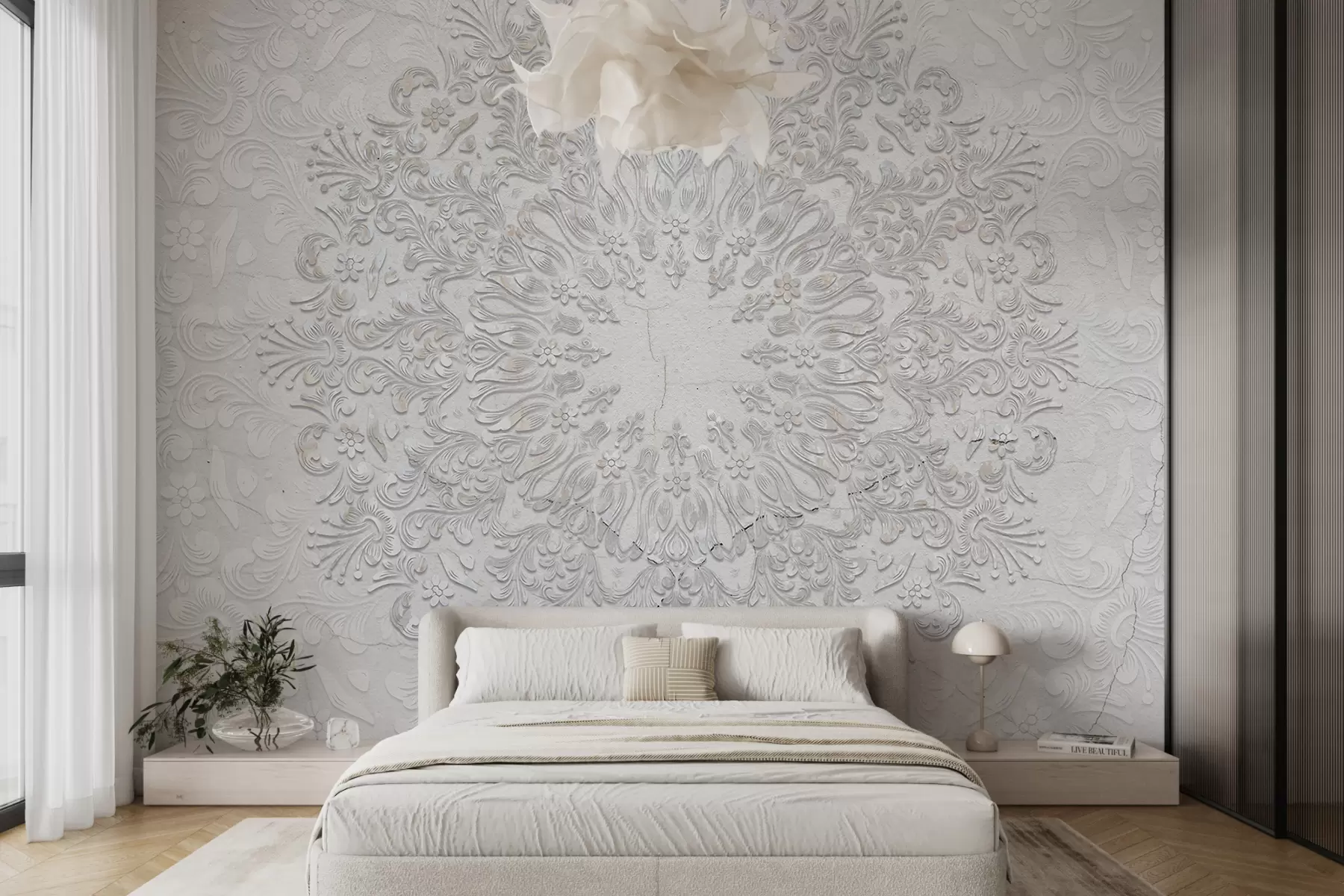 Fototapete Ein hochdetaillierter Mandala-Druck, der ein wunderschönes und zartes Spitzendesign erzeugt w01249
