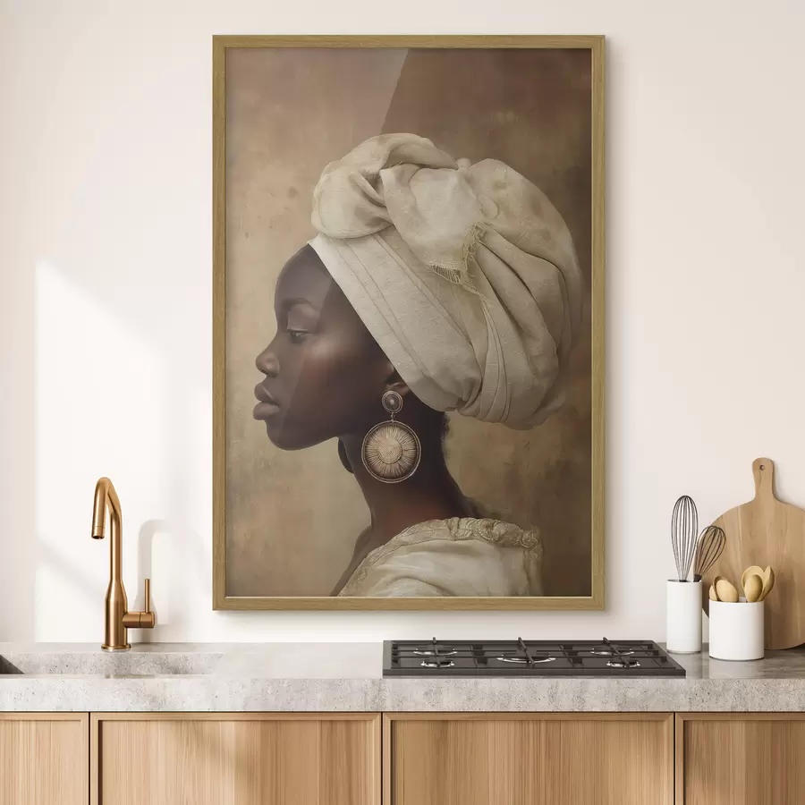 Fototapete beiges Frauenporträt im afrikanischen Stil im Profil mit großen Ohrringen f26120