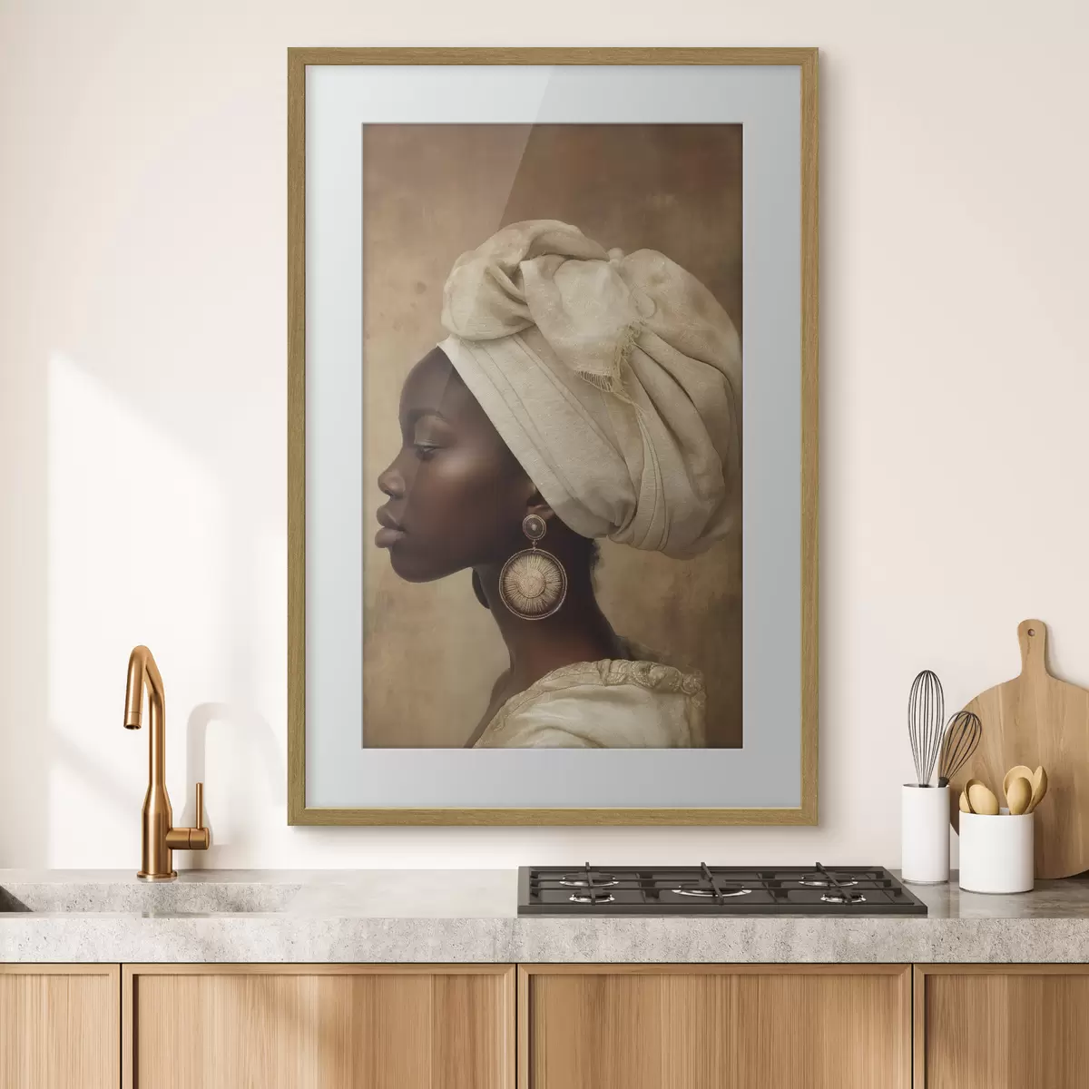 Poster beiges Frauenporträt im afrikanischen Stil im Profil mit großen Ohrringen f26120
