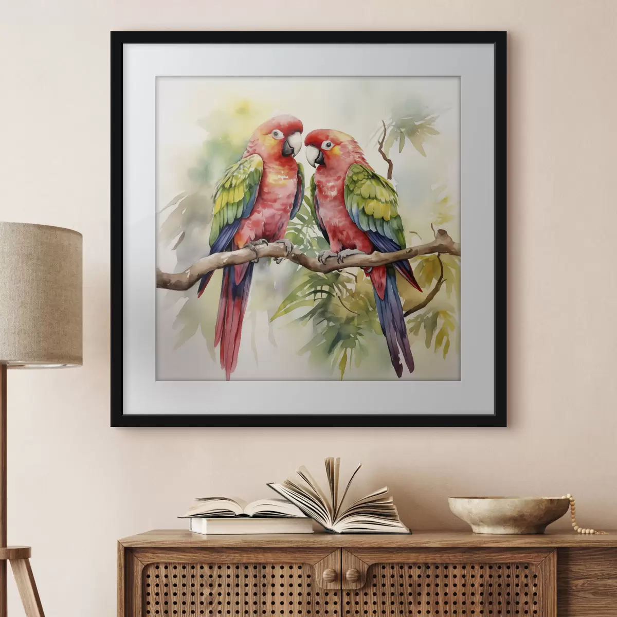 Poster Zwei helle Ara-Papageien sitzen auf einem Aquarell auf einem Ast f39333