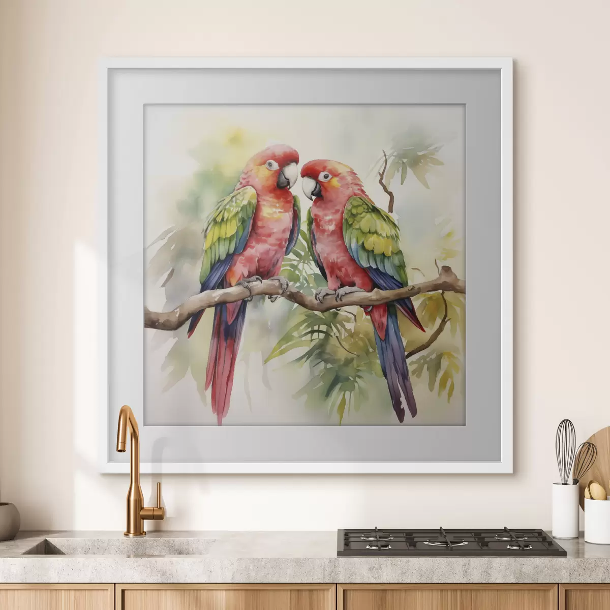 Poster Zwei helle Ara-Papageien sitzen auf einem Aquarell auf einem Ast f39333
