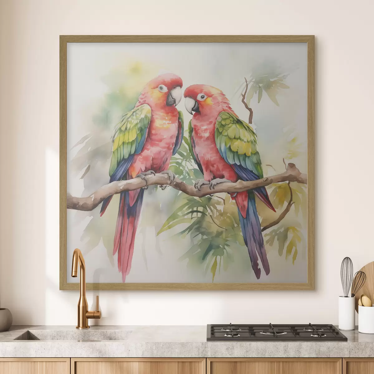 Poster Zwei helle Ara-Papageien sitzen auf einem Aquarell auf einem Ast f39333