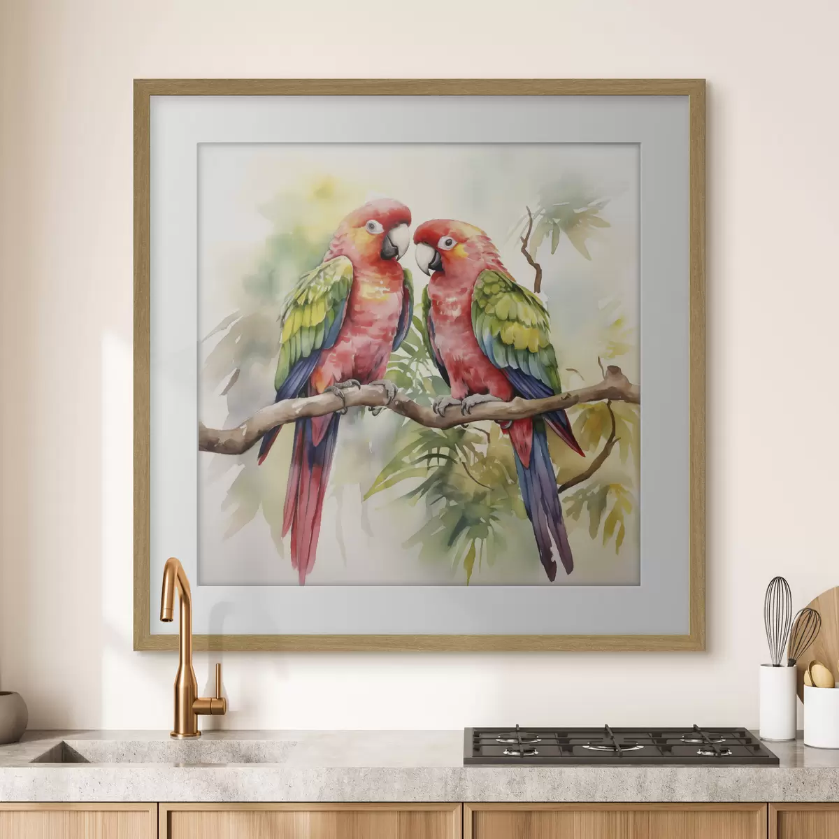 Poster Zwei helle Ara-Papageien sitzen auf einem Aquarell auf einem Ast f39333