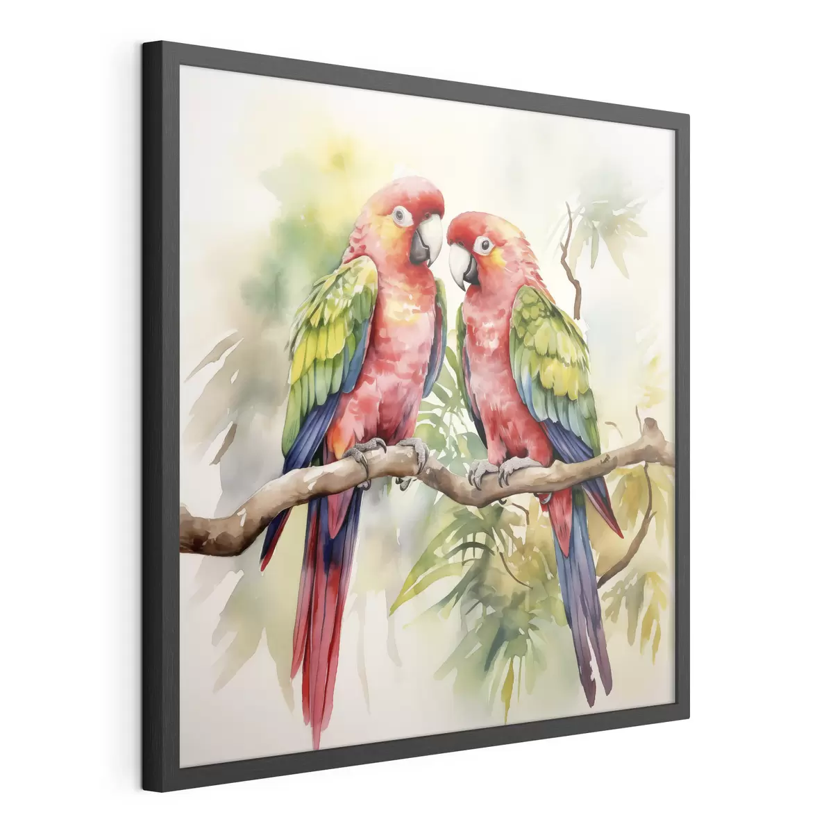 Poster Zwei helle Ara-Papageien sitzen auf einem Aquarell auf einem Ast f39333