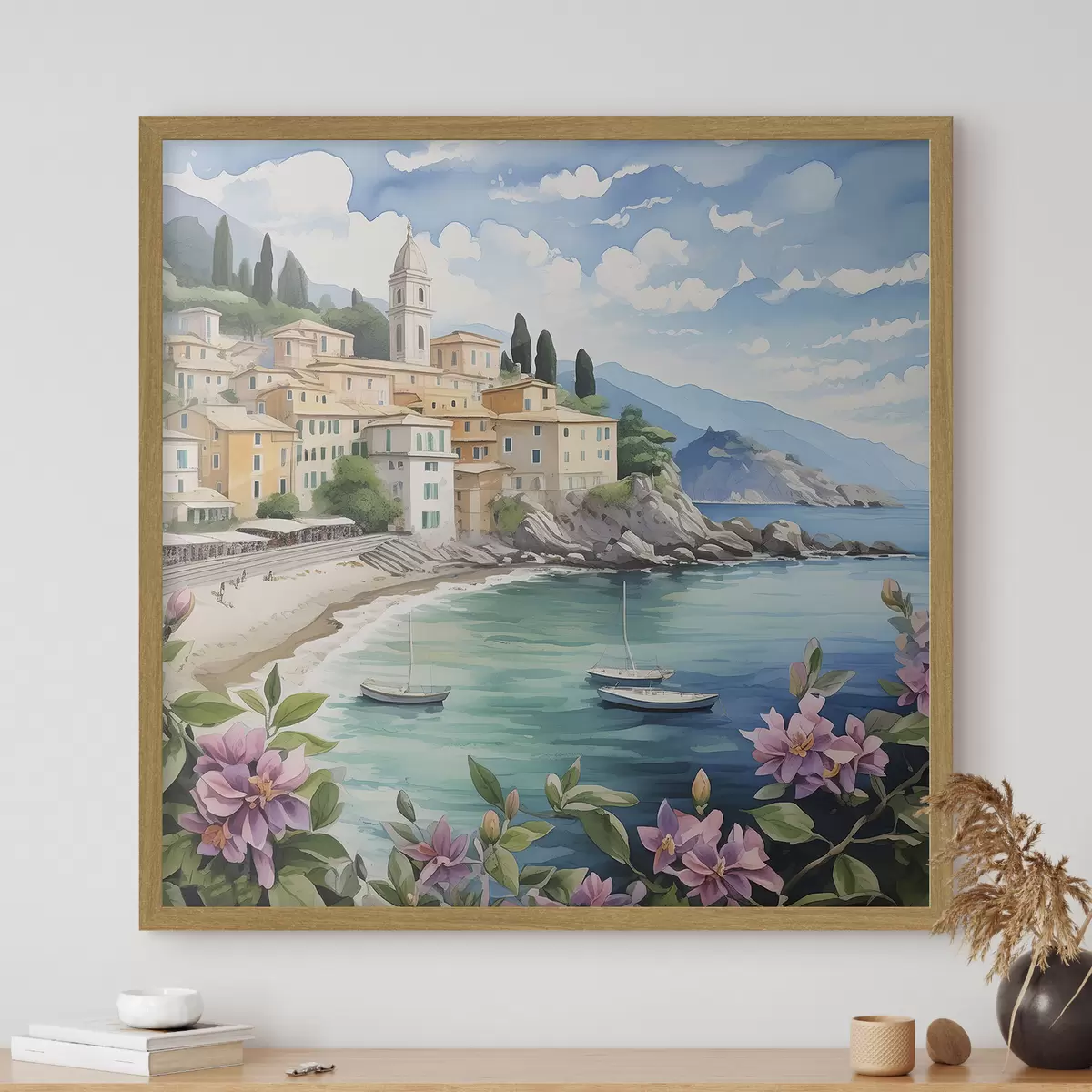 Poster eine Stadt am Meer im Sommer f39299