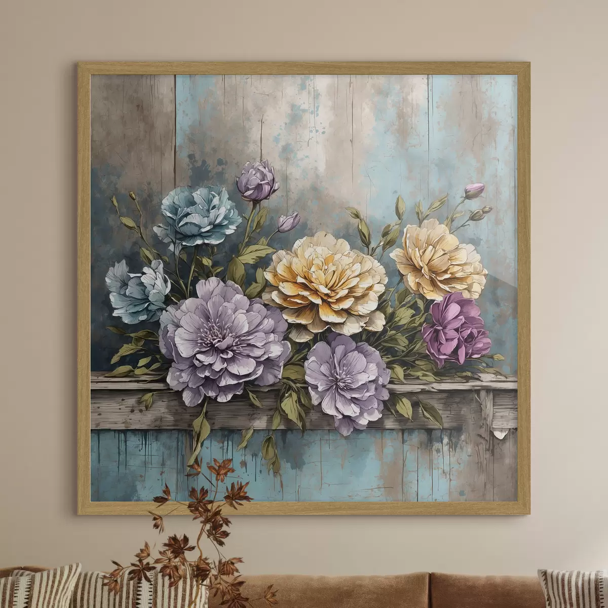Poster Blumen und Blätter auf altem Holzregal f39169
