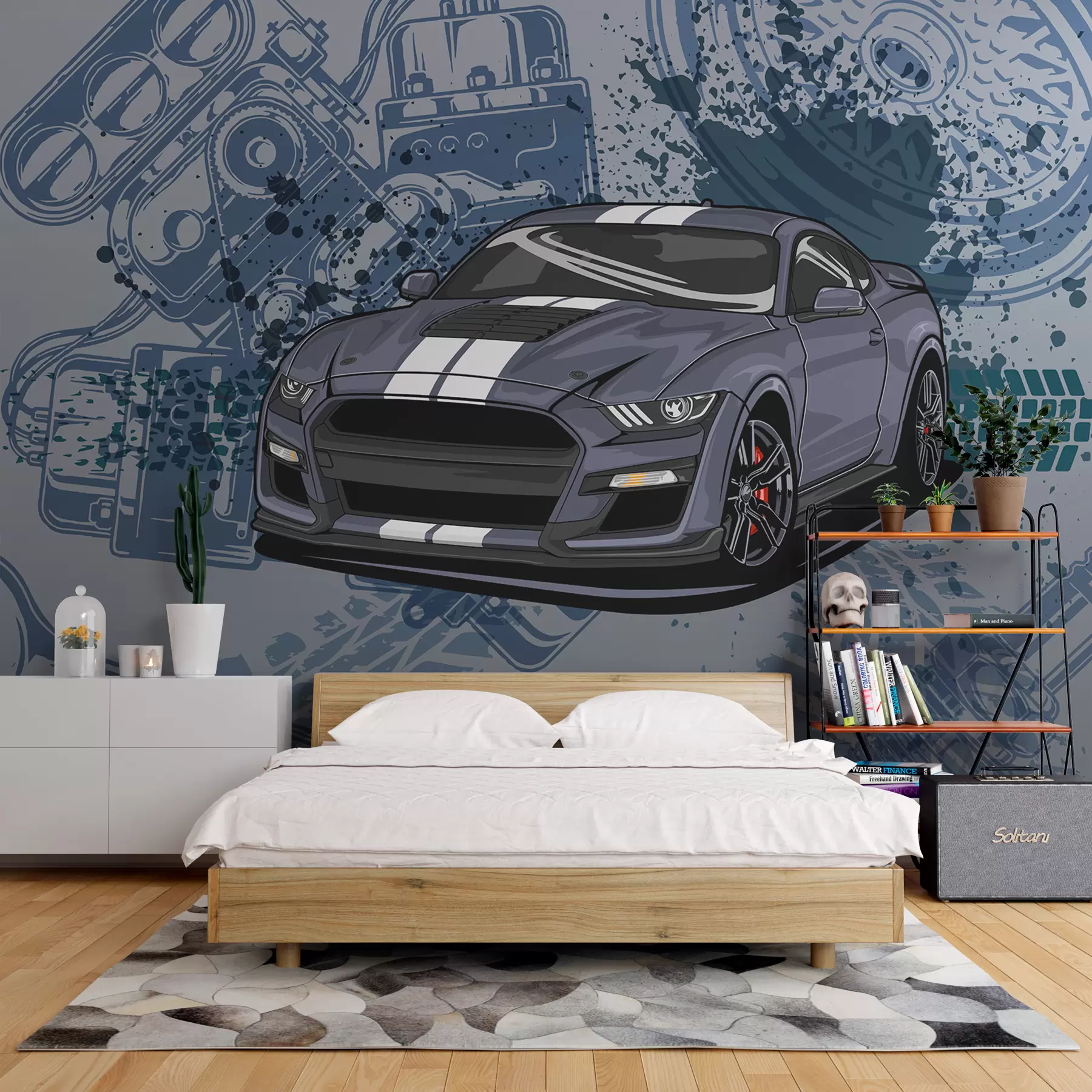 Fototapete Kindertapete für Teenager mit Auto und grafischem Schriftzug in Blau w01218