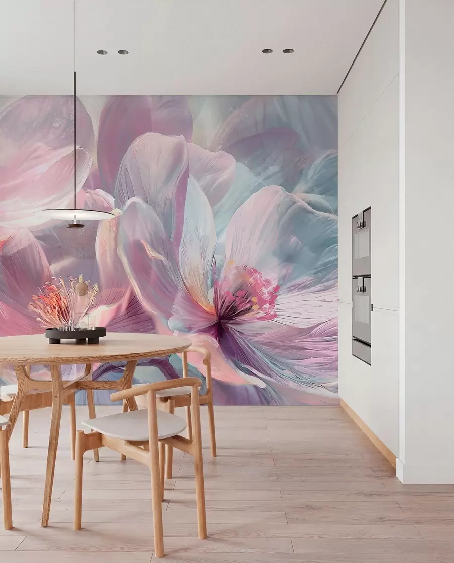 Fototapete Zarte transparente pastellfarbene neonhellrosa und weiße Blüten mit weichem, unscharfem Hintergrund w01307