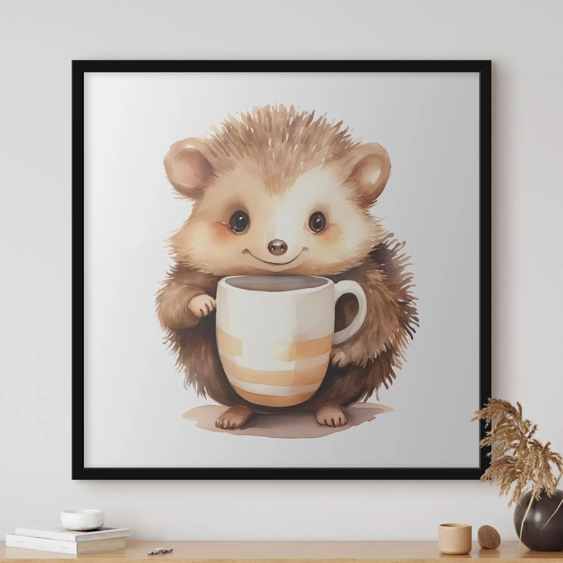 Fototapete Igel hält eine weiße Tasse in seinen Pfoten Aquarell Illustration für Kinder f39440