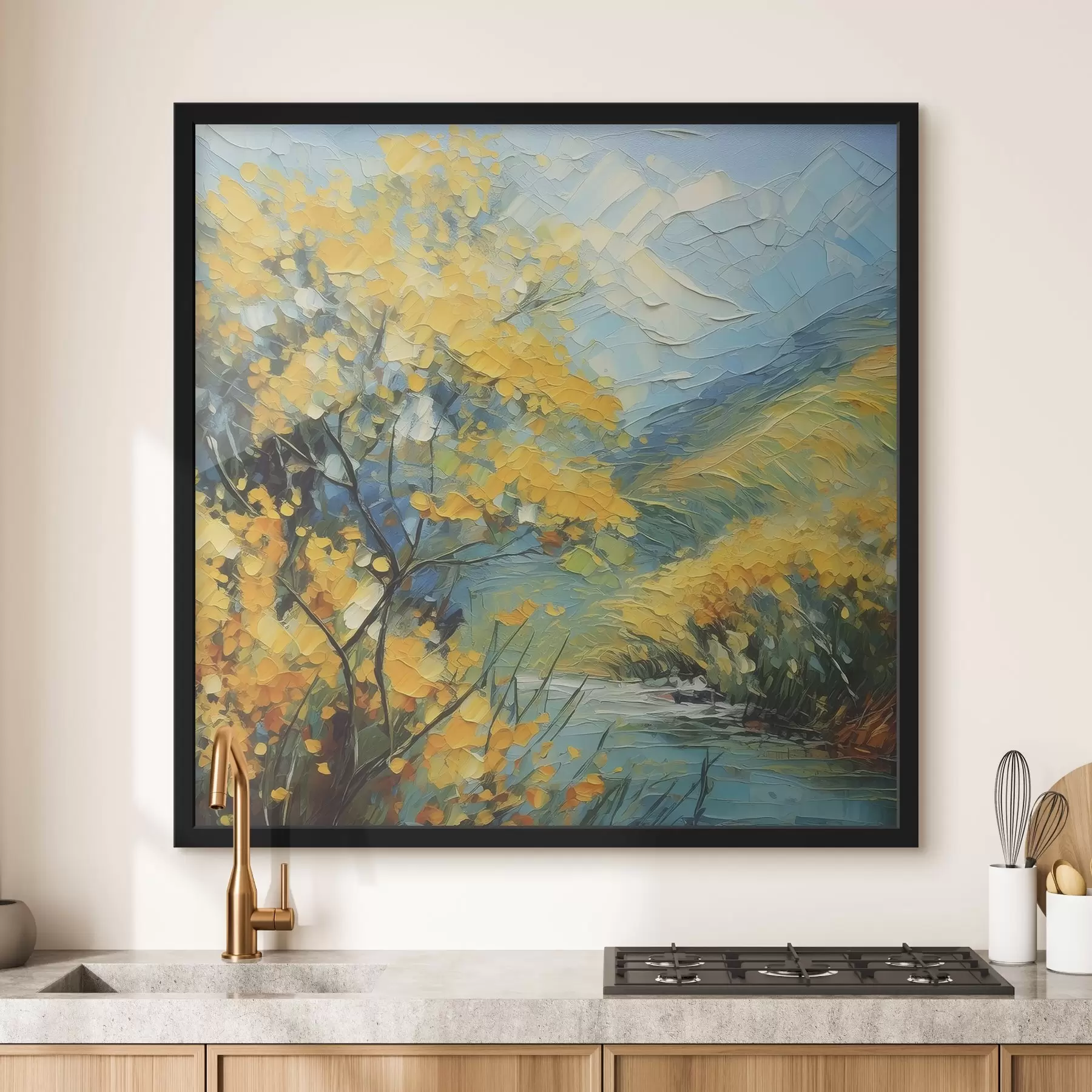 Fototapete Baum mit gelben Blüten, Naturlandschaft, Ölgemälde, lebendige Pinselstriche, Sommer f39415
