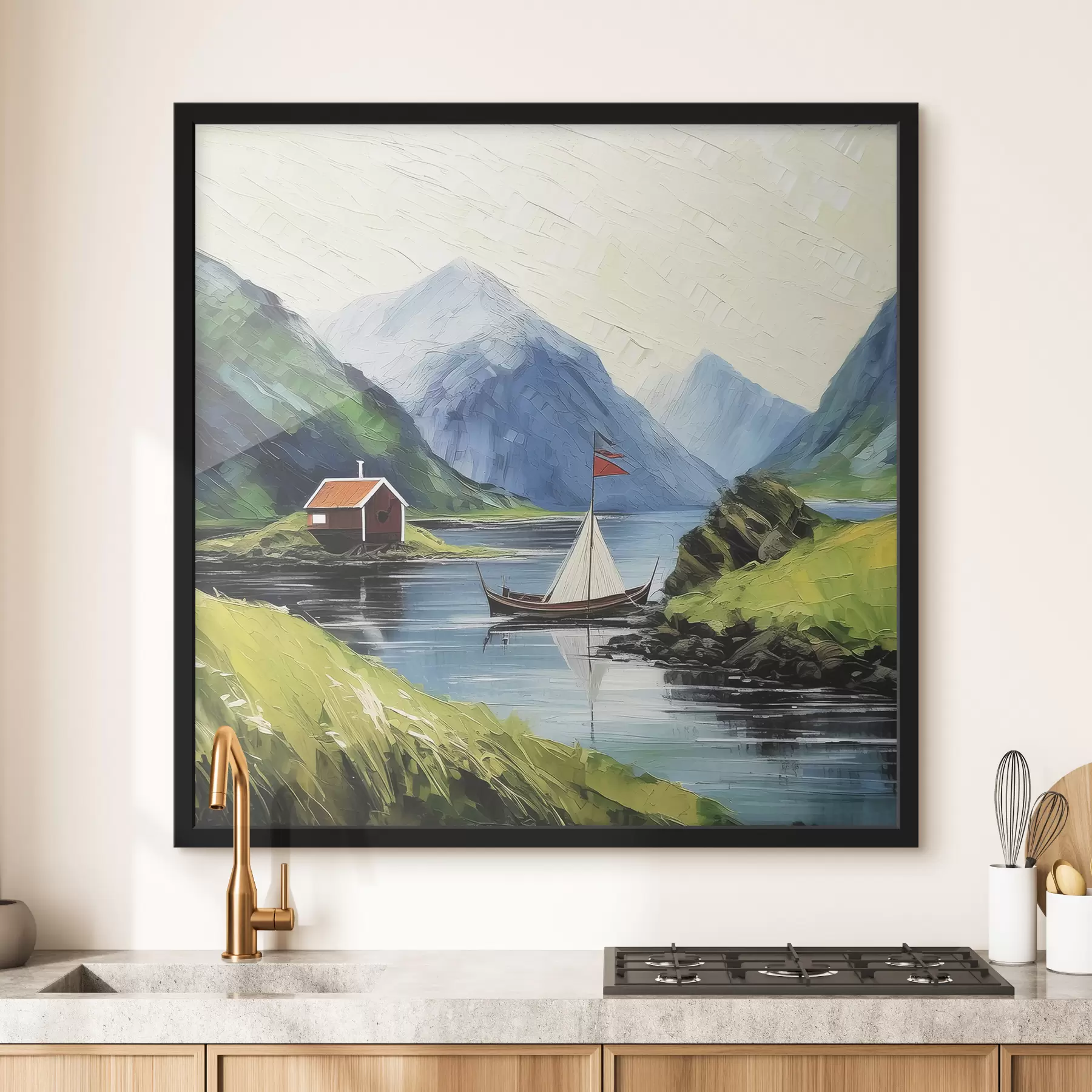 Fototapete Lofoten Sommerlandschaft, Nordisches Meer, Yacht, Berge, kleines Haus, Natur, Acrylbilder f39421