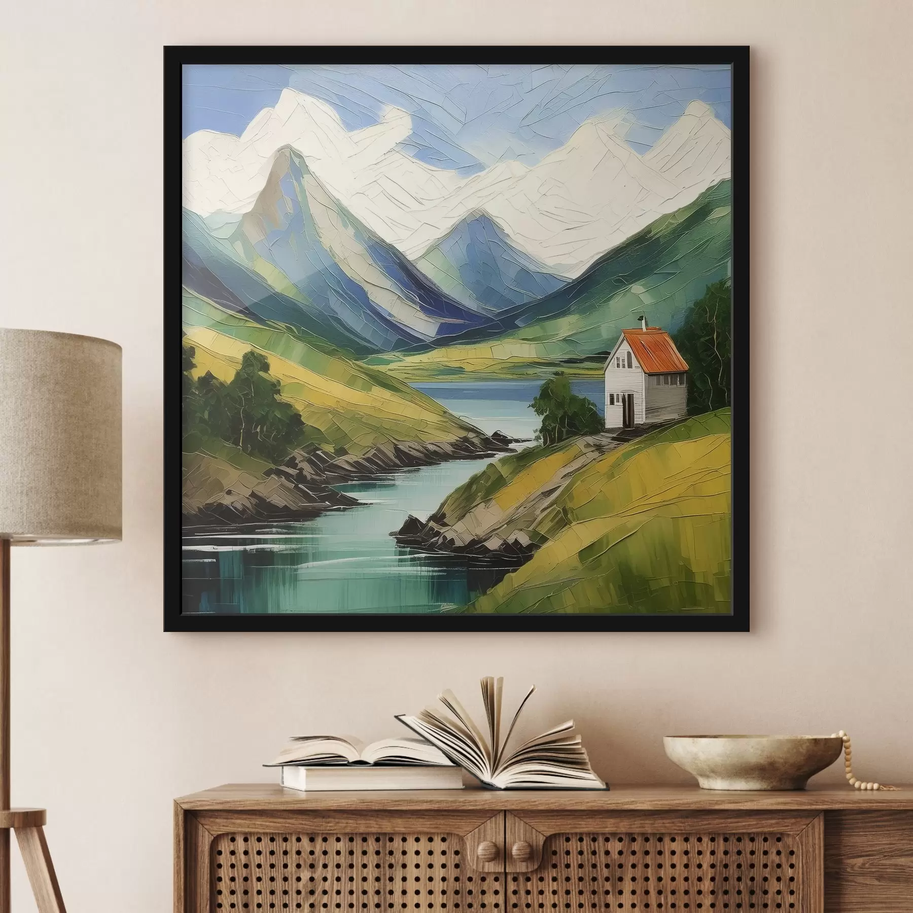 Fototapete Norwegen Landschaft, Grün, schöne Berge, kleines Haus, Natur, Acrylbilder f39422