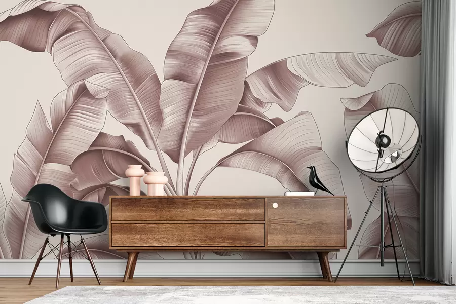 Fototapete gezeichnete große Bananenblätter in Pastellrosa w07877v1