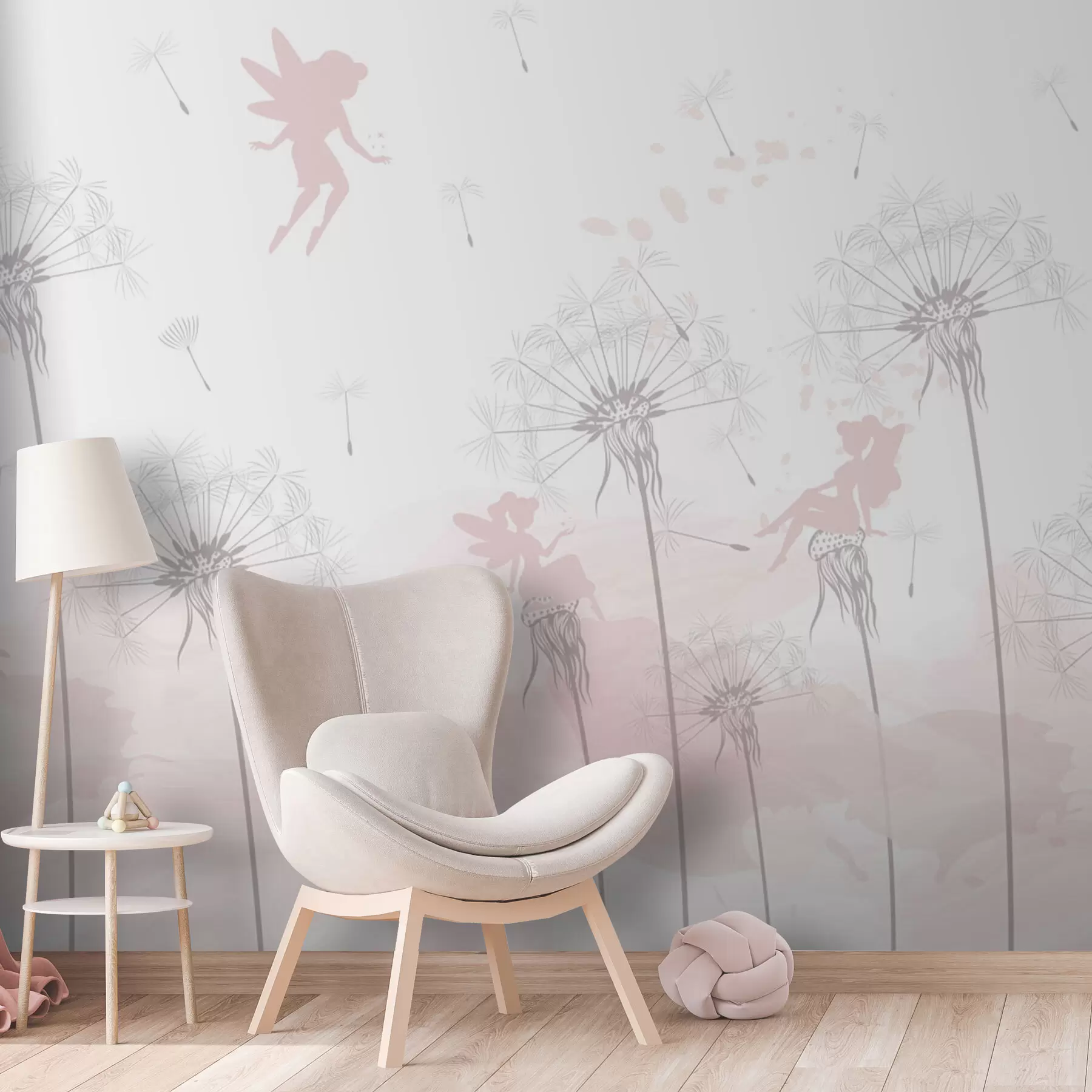Fototapete Magische Feen in Löwenzahn und Wildblumen skandinavischen Stil für Mädchen rosa Farbe w07913